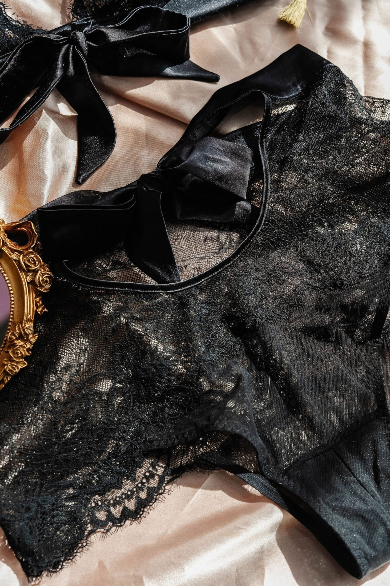 Eyelash Lace Bow High Waist Crotchless Panty - Black - Image 8