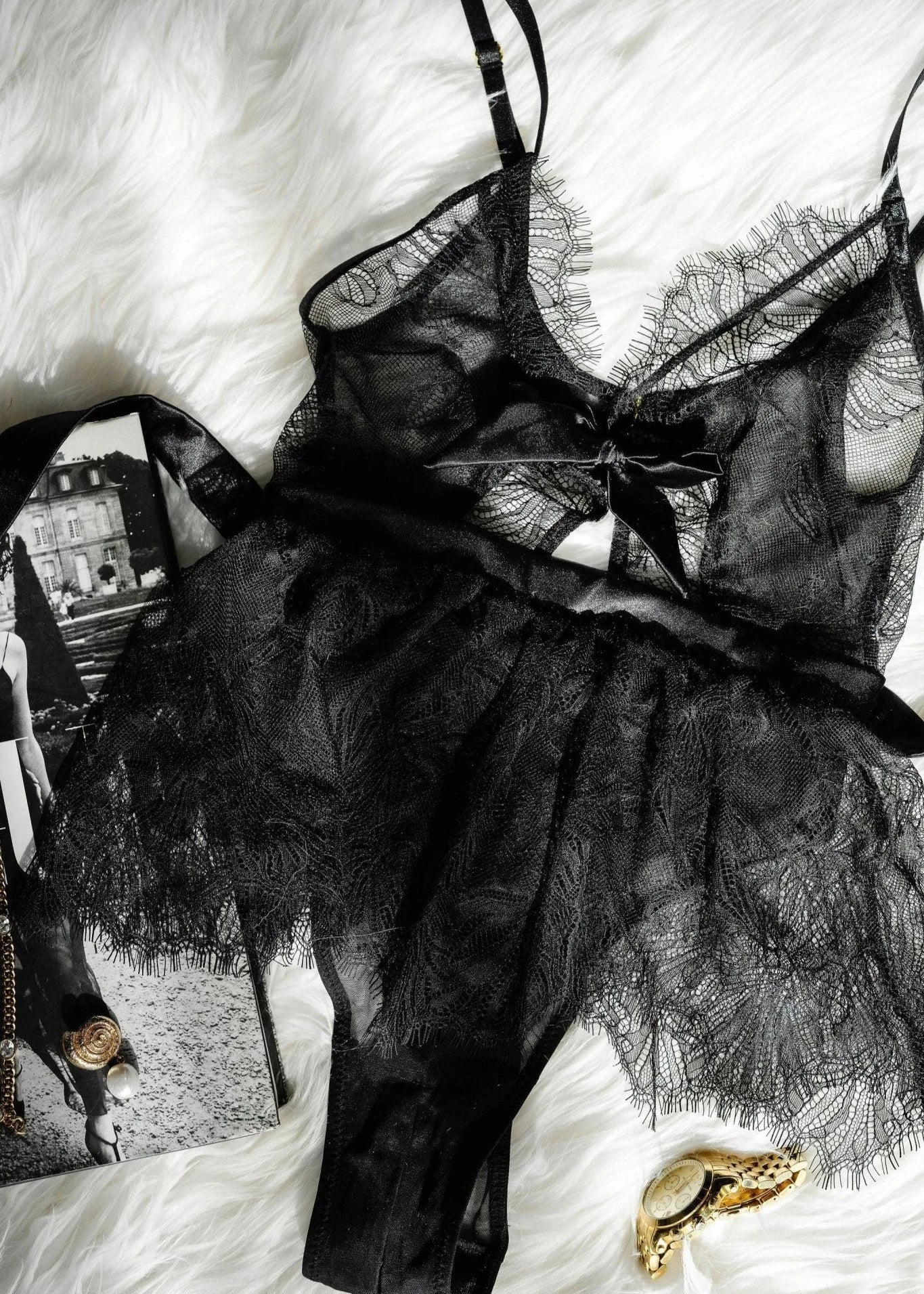 Eyelash Lace Crotchless Teddy - Black - Image 11