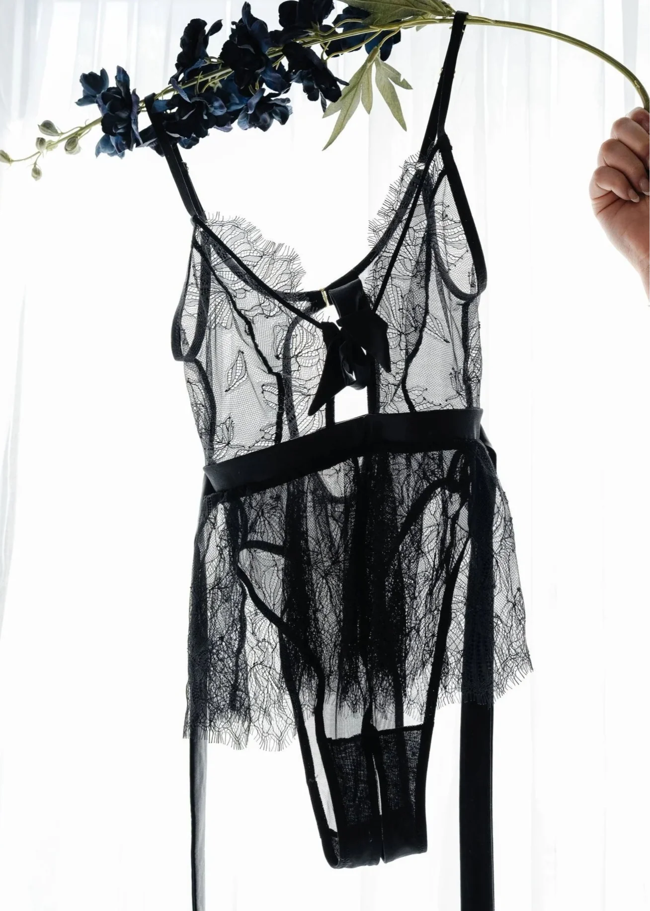 Eyelash Lace Crotchless Teddy - Black - Image 5