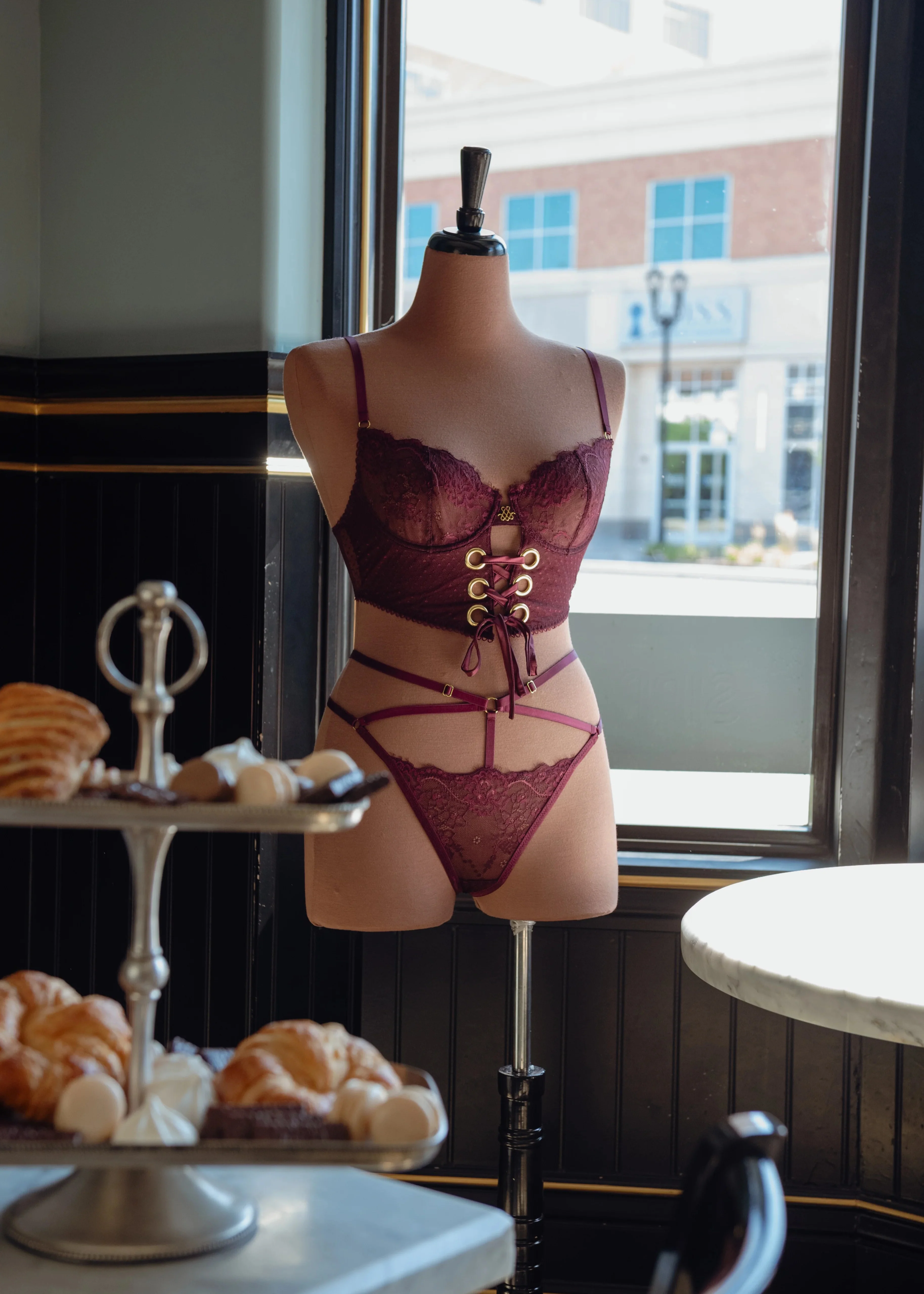 Eyelash Lace Underwire Lace Up Bustier - Cherry Lacquer - Image 16