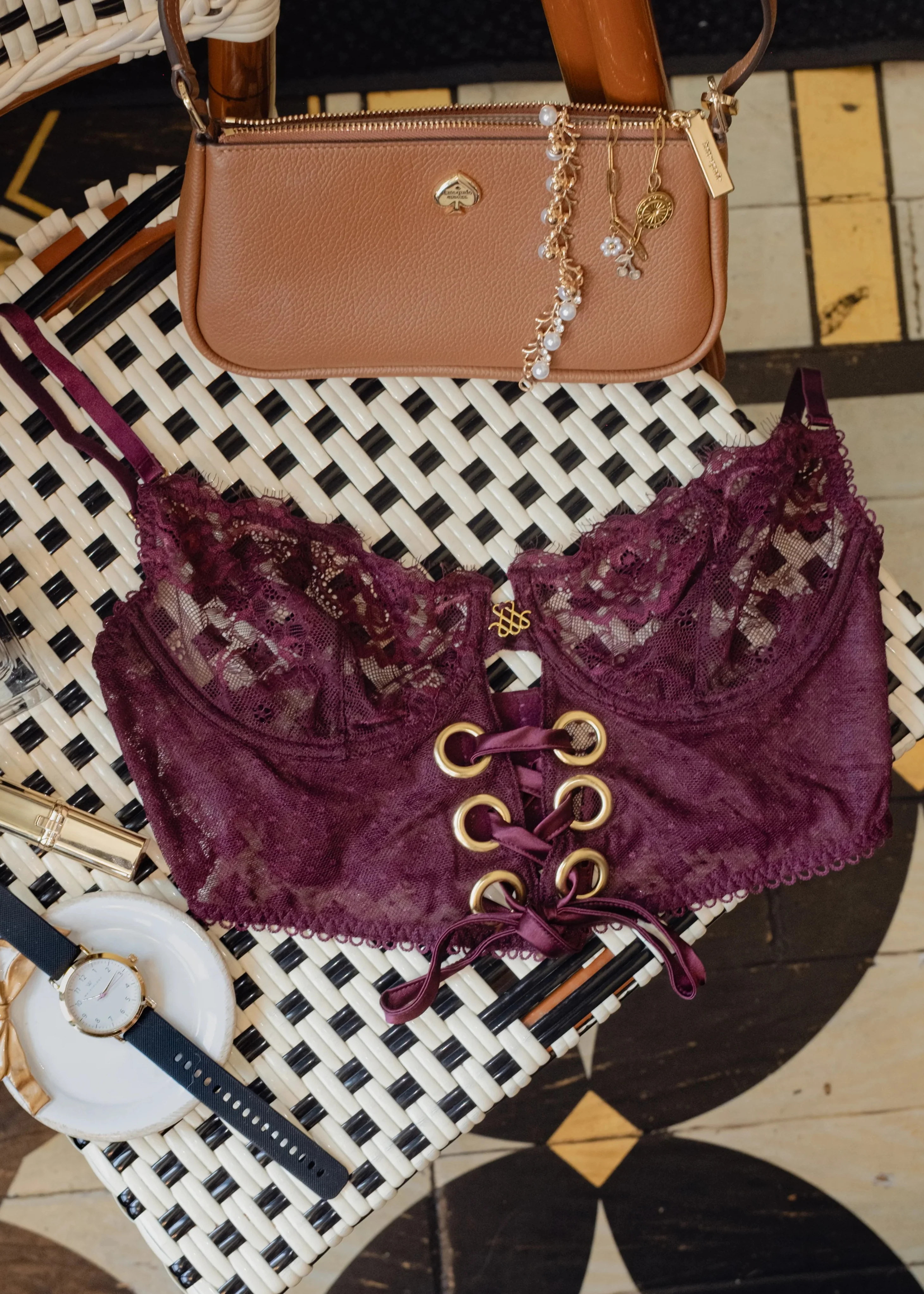 Eyelash Lace Underwire Lace Up Bustier - Cherry Lacquer - Image 19