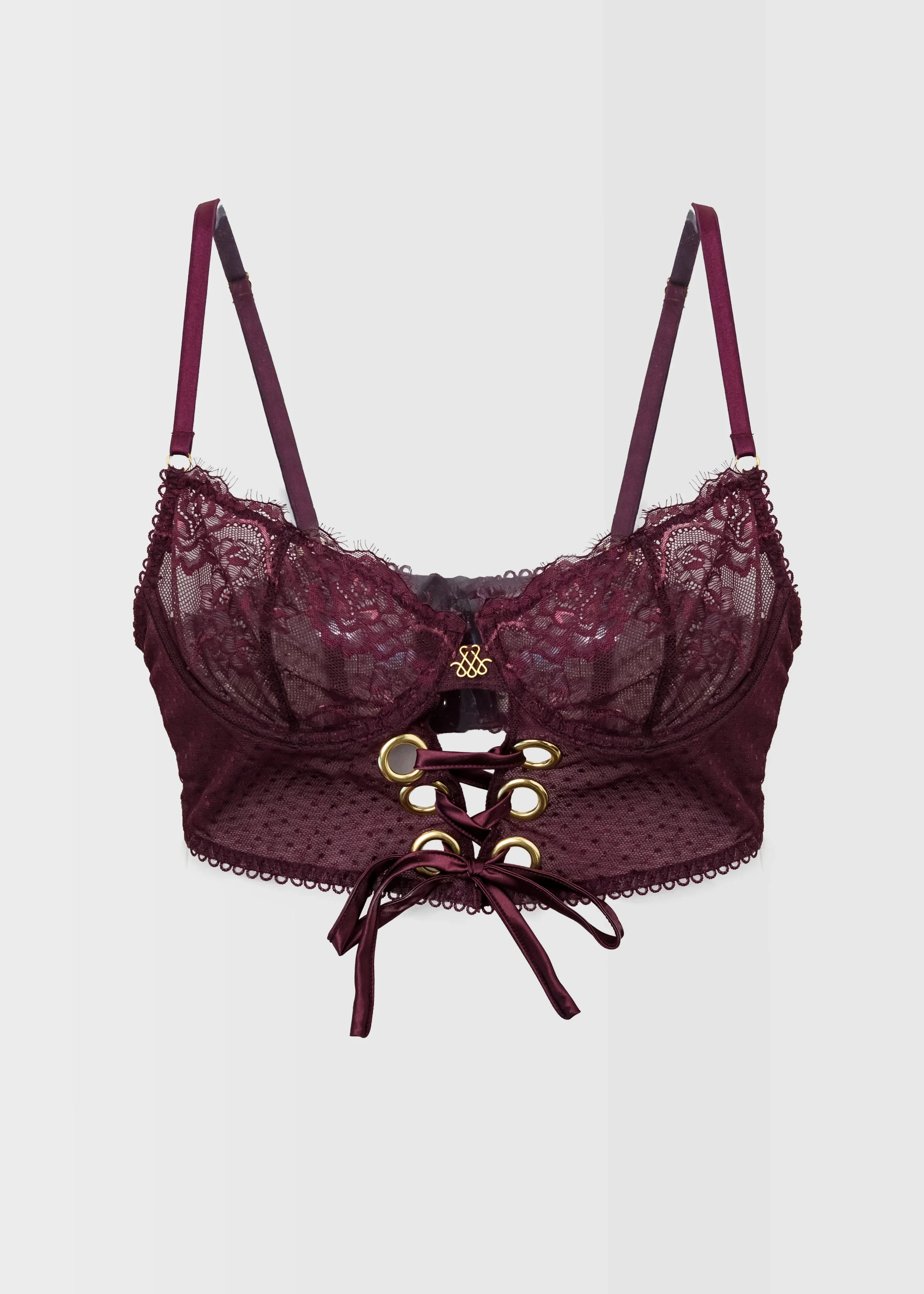 Eyelash Lace Underwire Lace Up Bustier - Cherry Lacquer - Image 5
