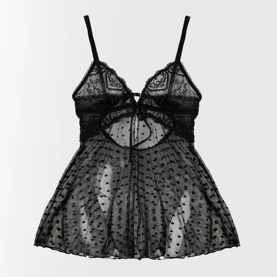 Heart Lace & Mesh Button Babydoll - Black - Image 23