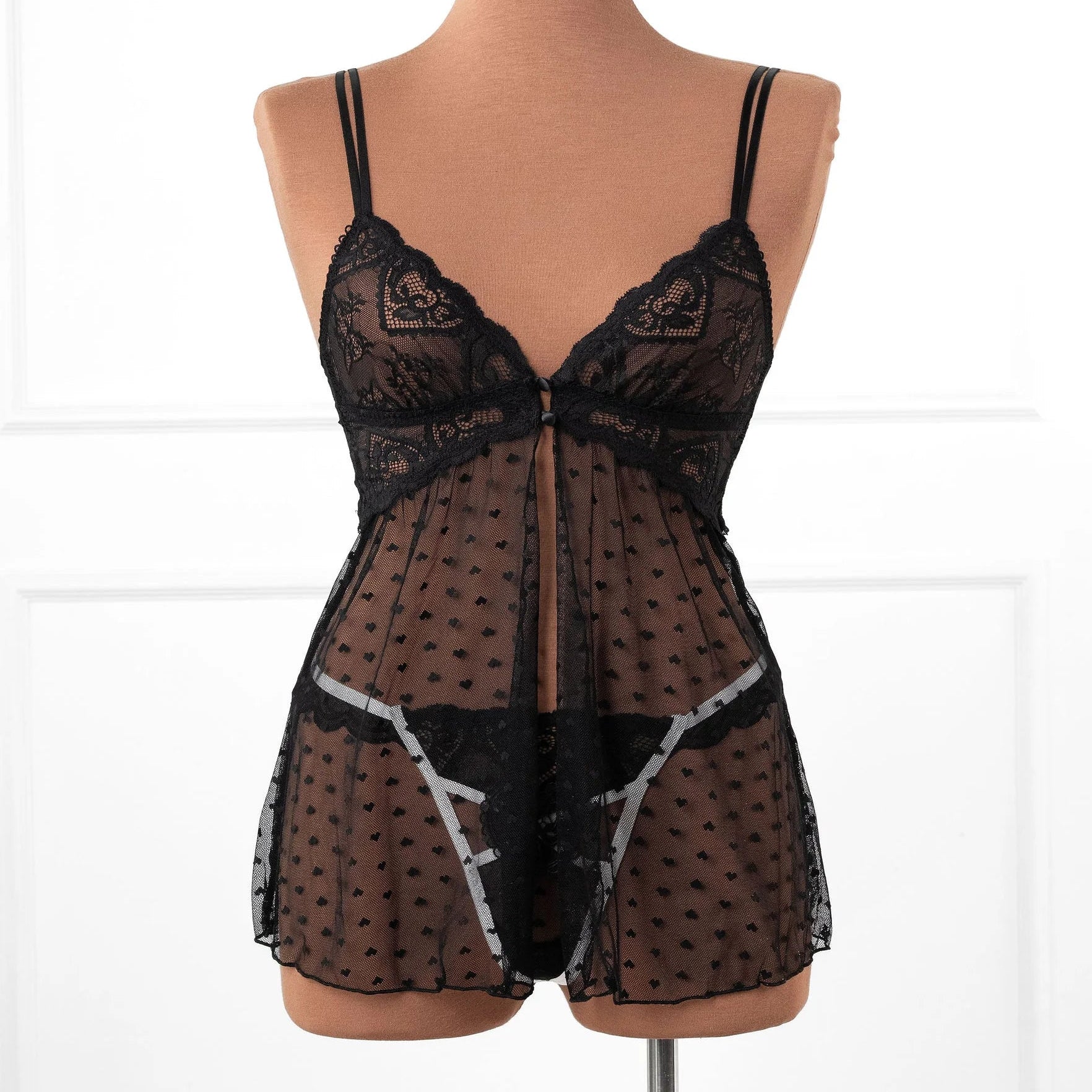 Heart Lace & Mesh Button Babydoll - Black - Image 4