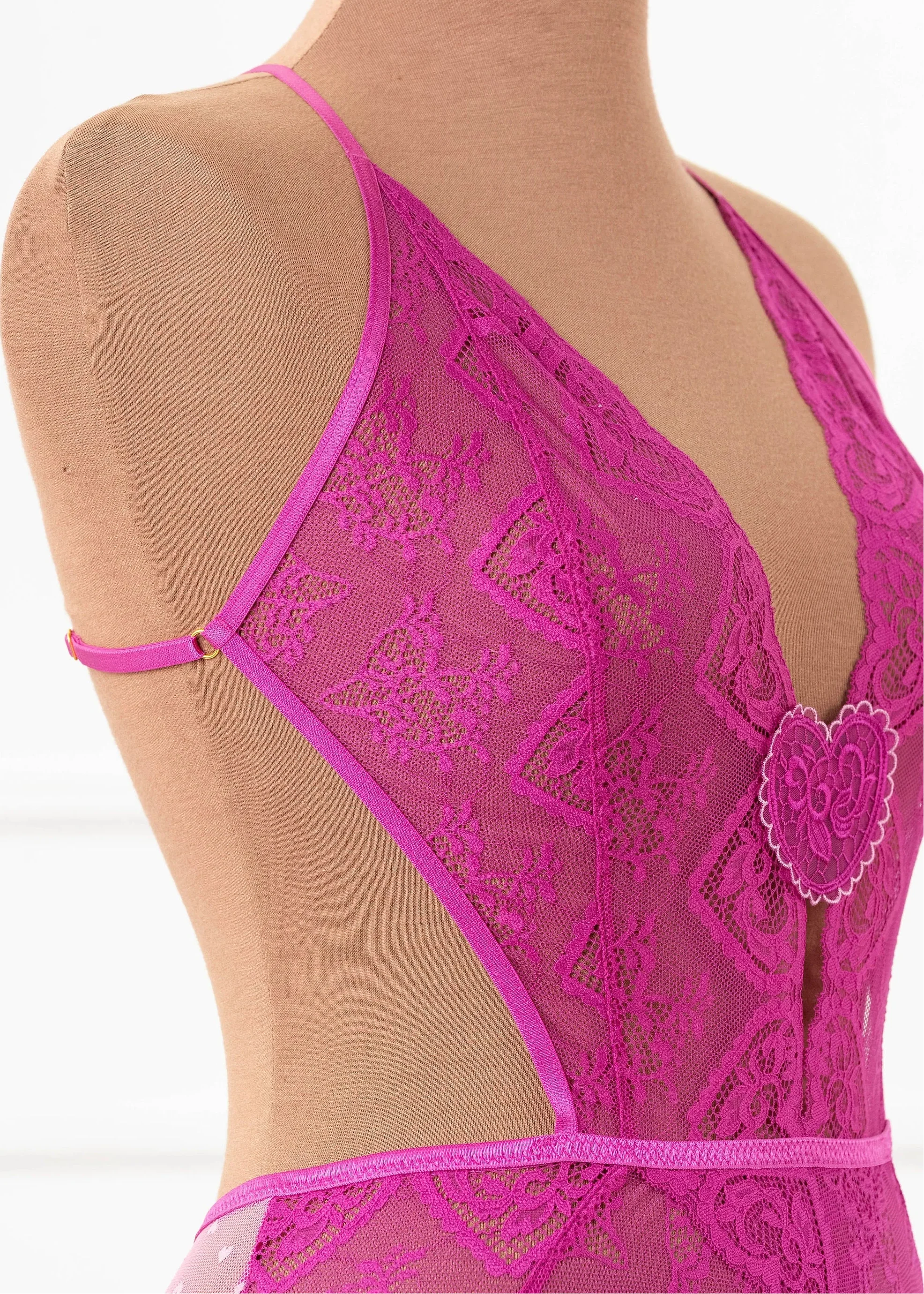 Heart Lace & Mesh Crotchless Teddy - Fuchsia - Image 13
