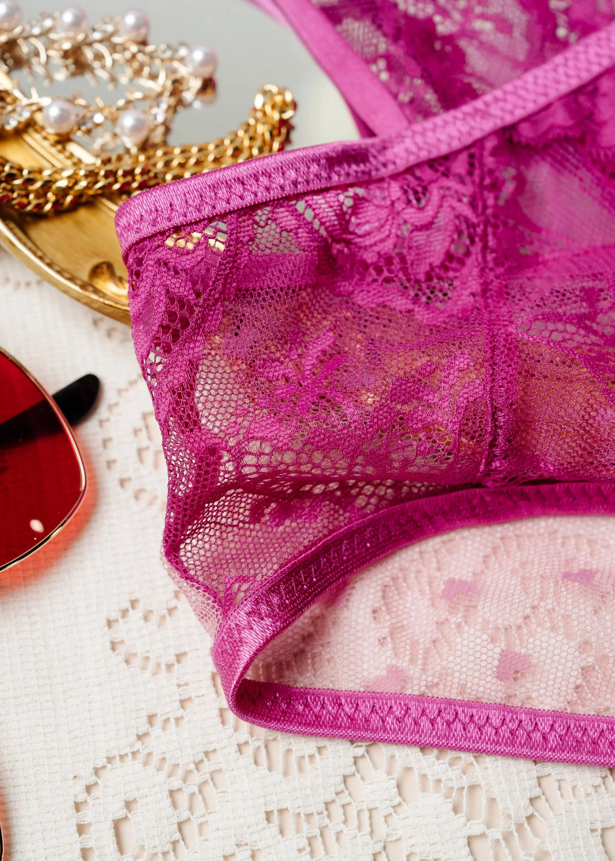 Heart Lace & Mesh Crotchless Teddy - Fuchsia - Image 15