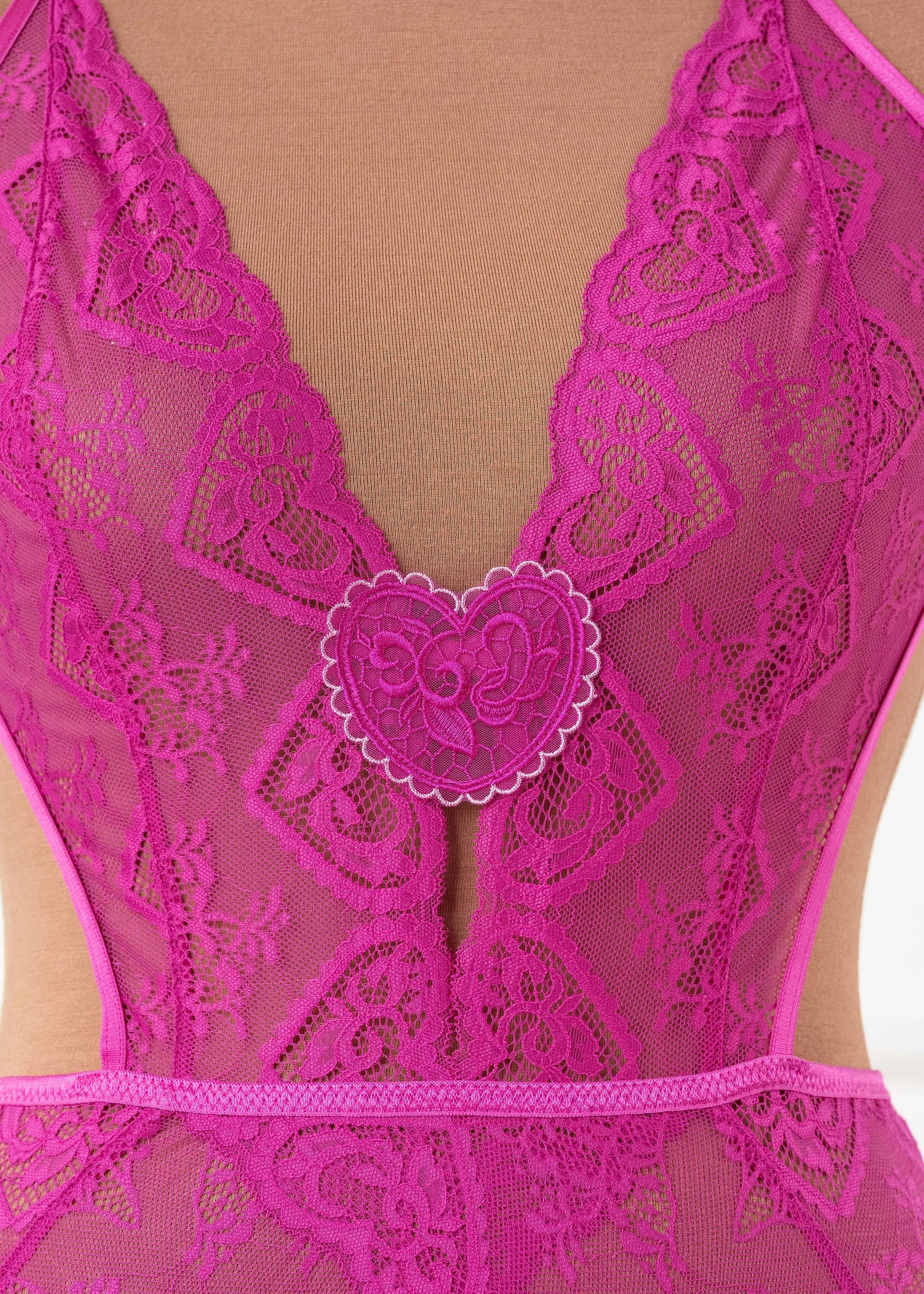 Heart Lace & Mesh Crotchless Teddy - Fuchsia - Image 5