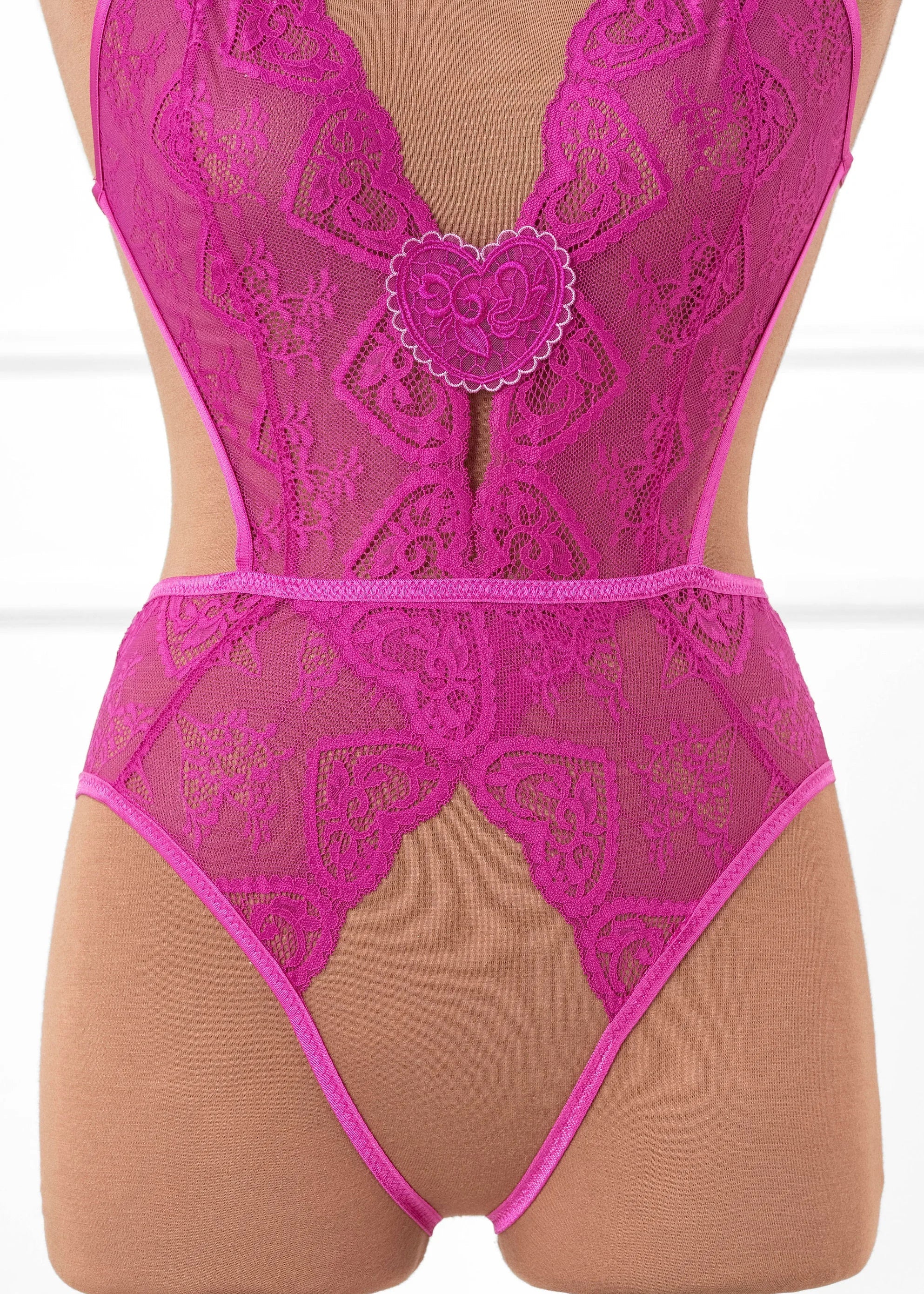 Heart Lace & Mesh Crotchless Teddy - Fuchsia - Image 7
