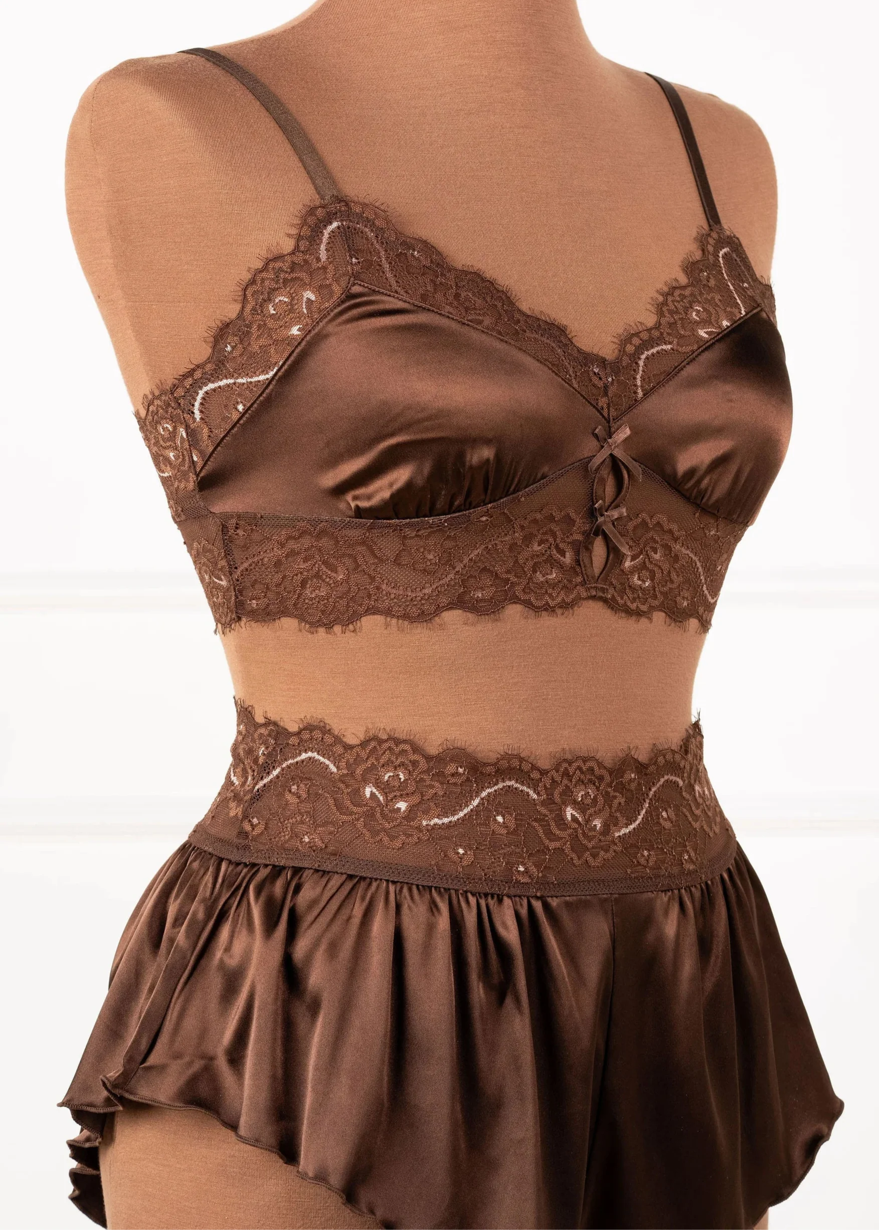 High Waist Lacy Satin Tap Shorts - Chocolate - Image 10