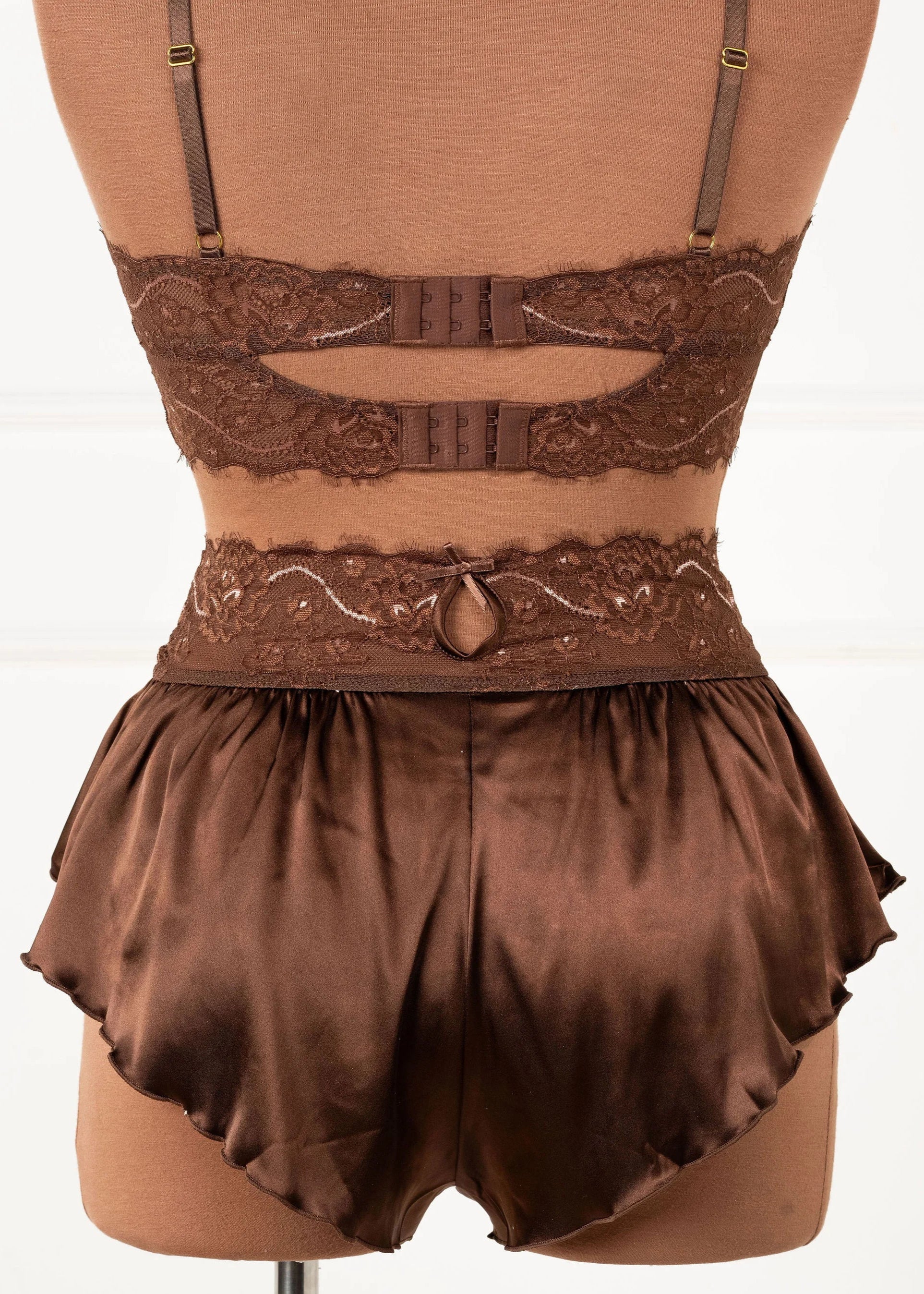 High Waist Lacy Satin Tap Shorts - Chocolate - Image 11