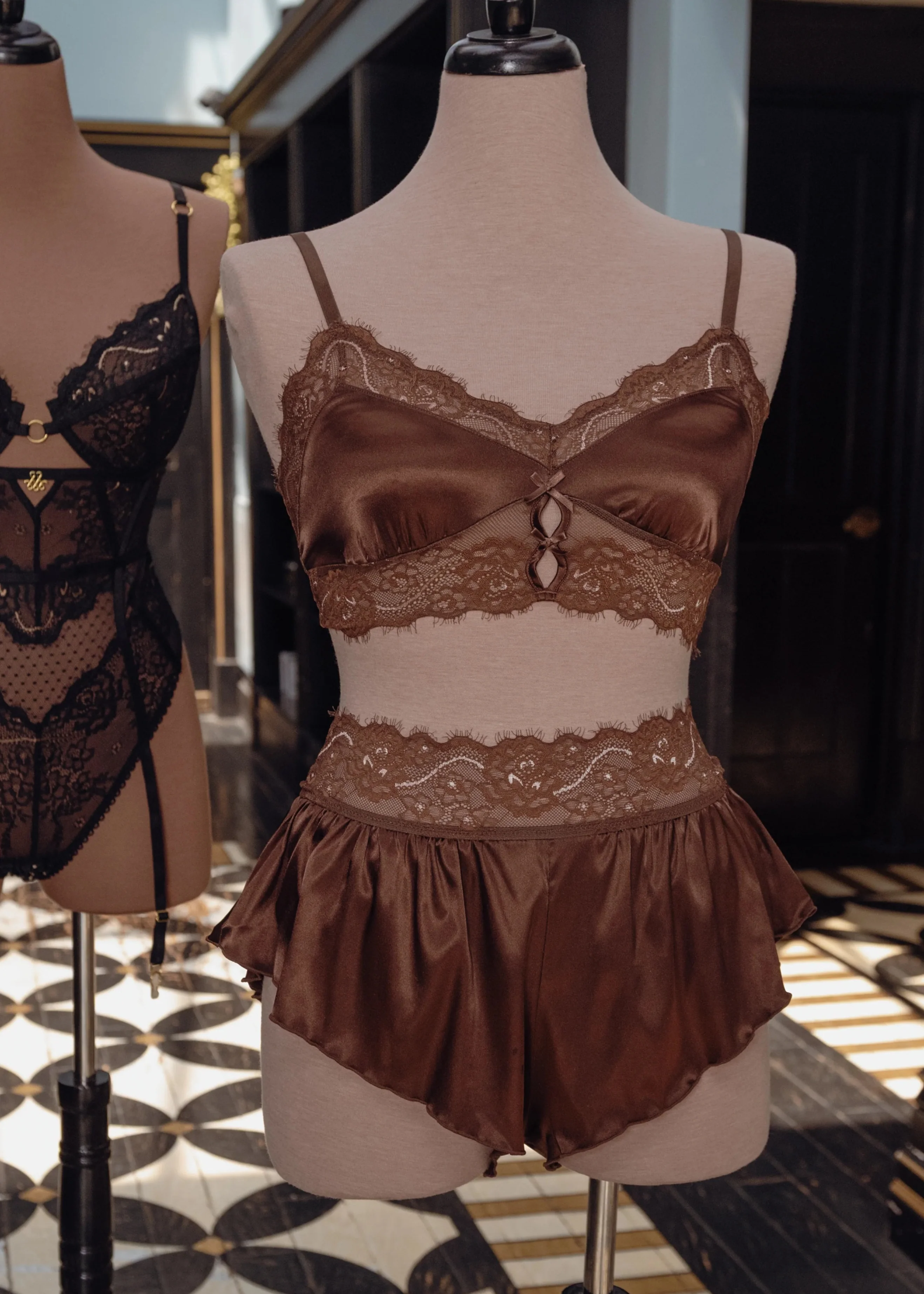 High Waist Lacy Satin Tap Shorts - Chocolate - Image 13