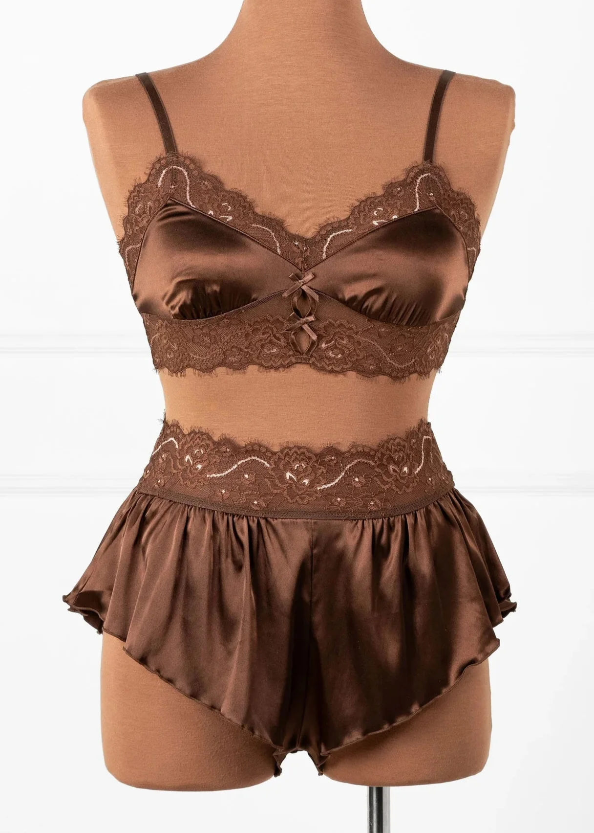 High Waist Lacy Satin Tap Shorts - Chocolate - Image 3