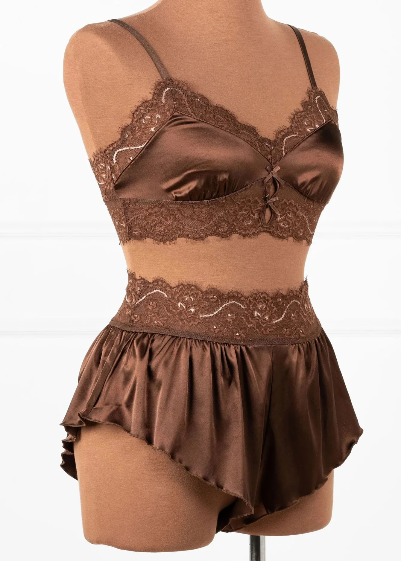 High Waist Lacy Satin Tap Shorts - Chocolate - Image 6