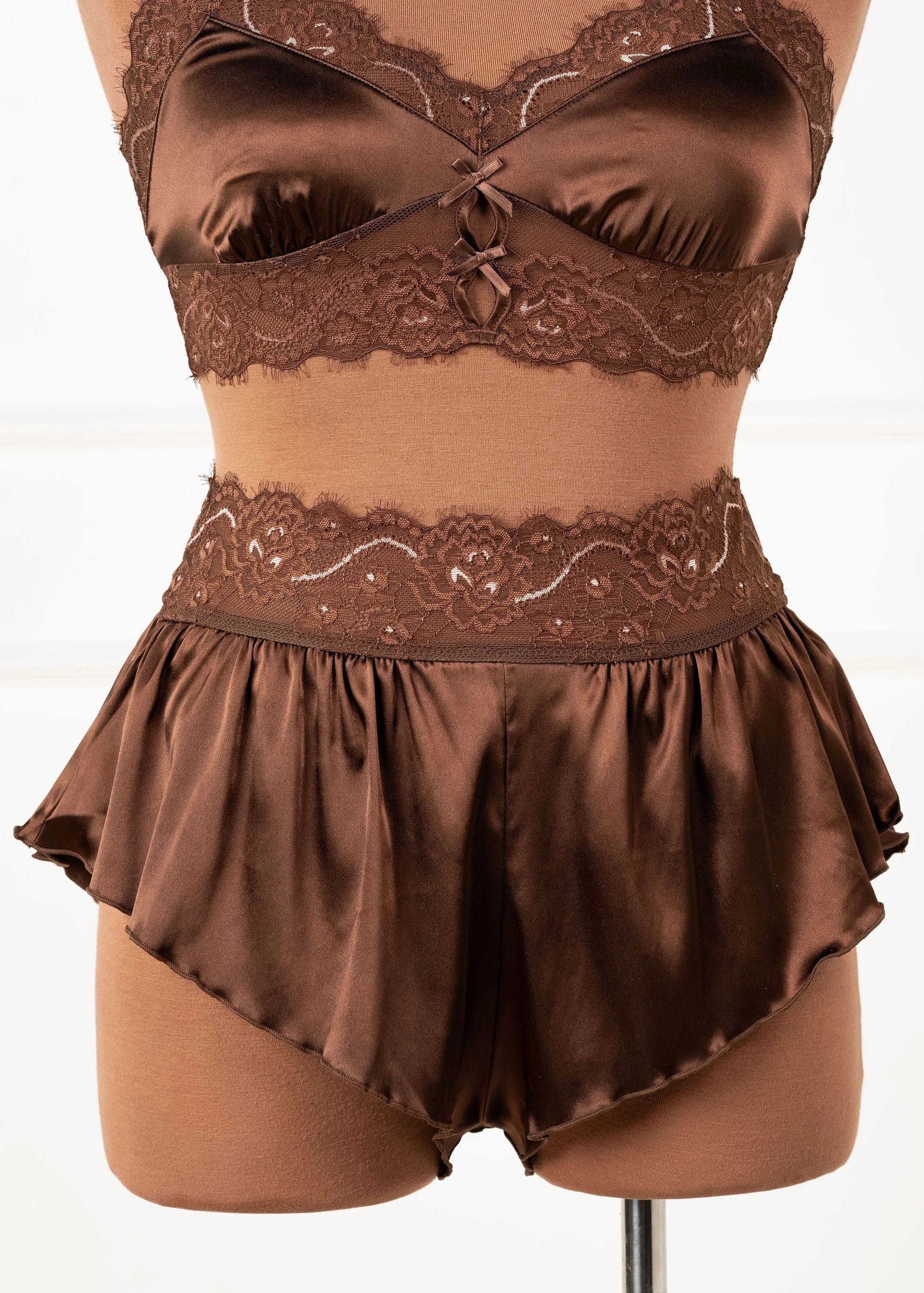 High Waist Lacy Satin Tap Shorts - Chocolate - Image 7