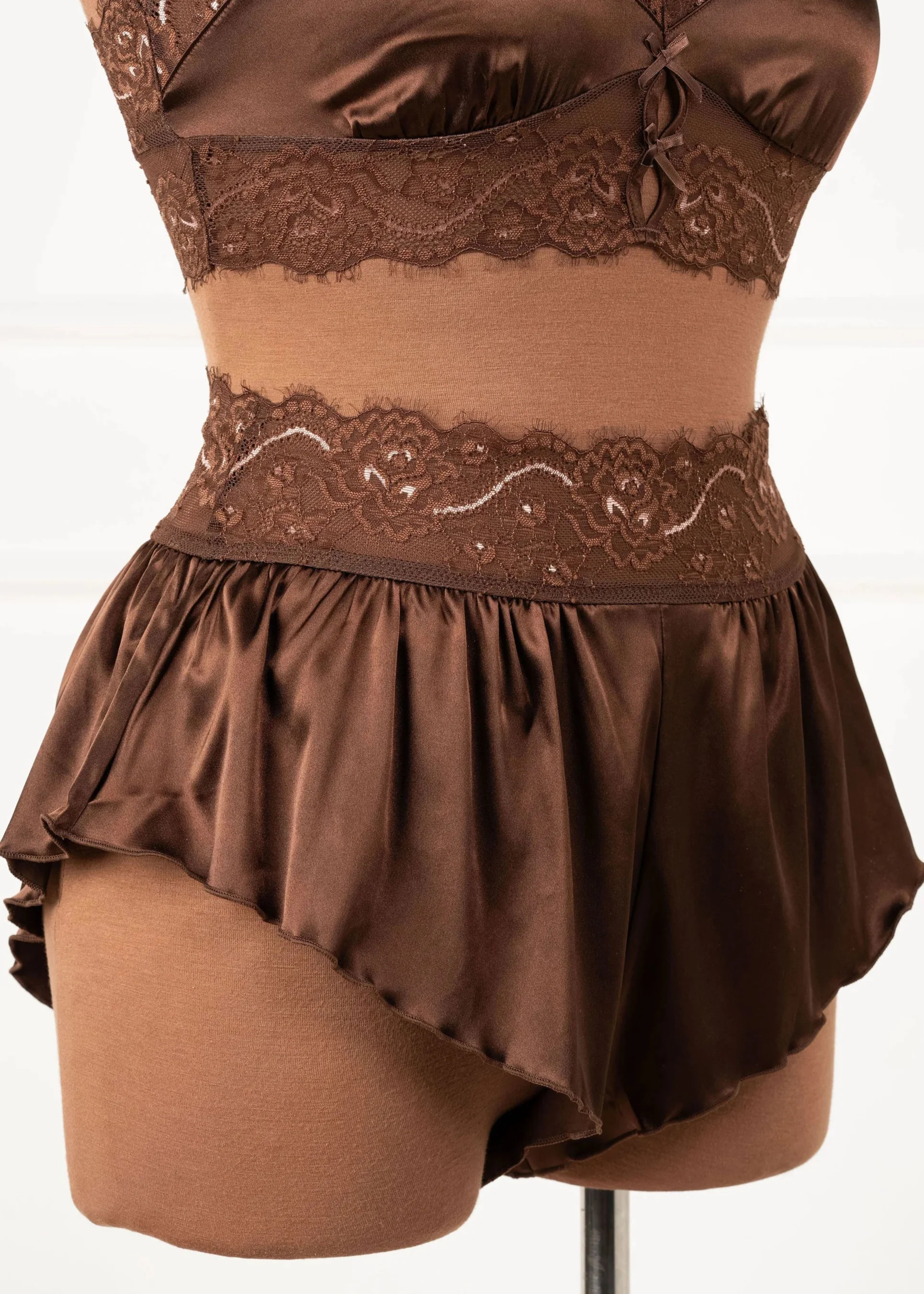 High Waist Lacy Satin Tap Shorts - Chocolate - Image 9