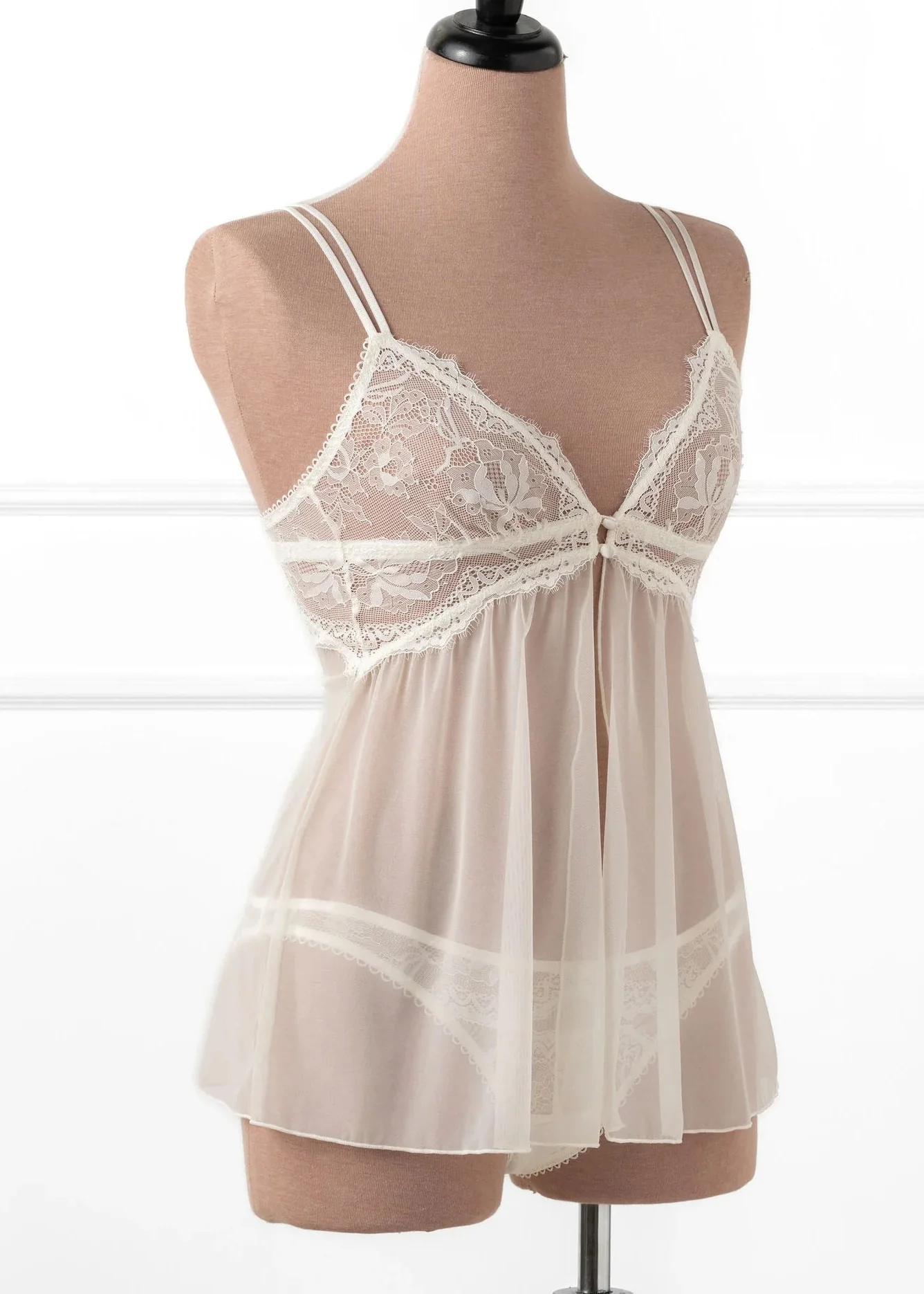 Lace & Mesh Button Babydoll - Pearl - Image 14