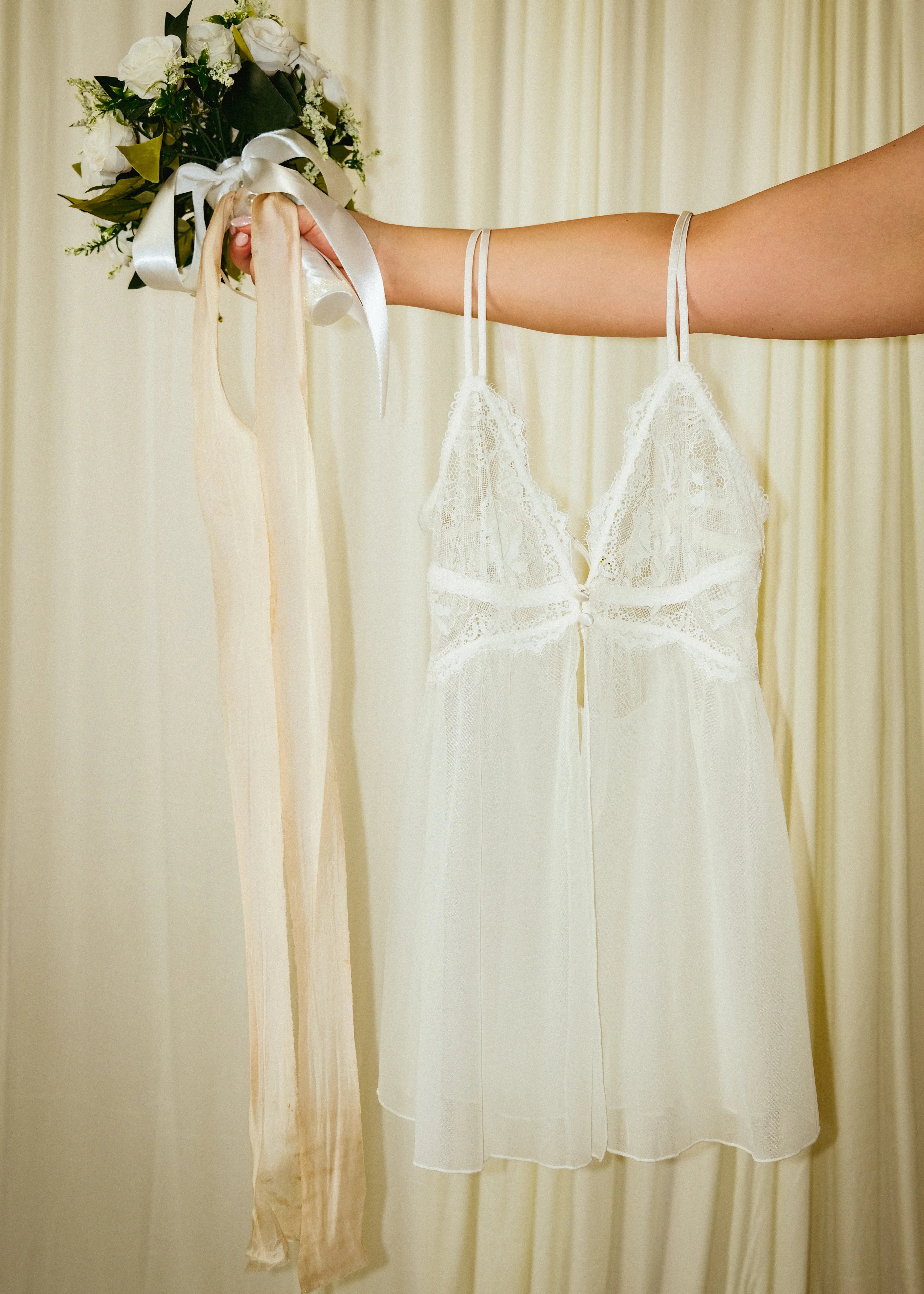 Lace & Mesh Button Babydoll - Pearl - Image 6