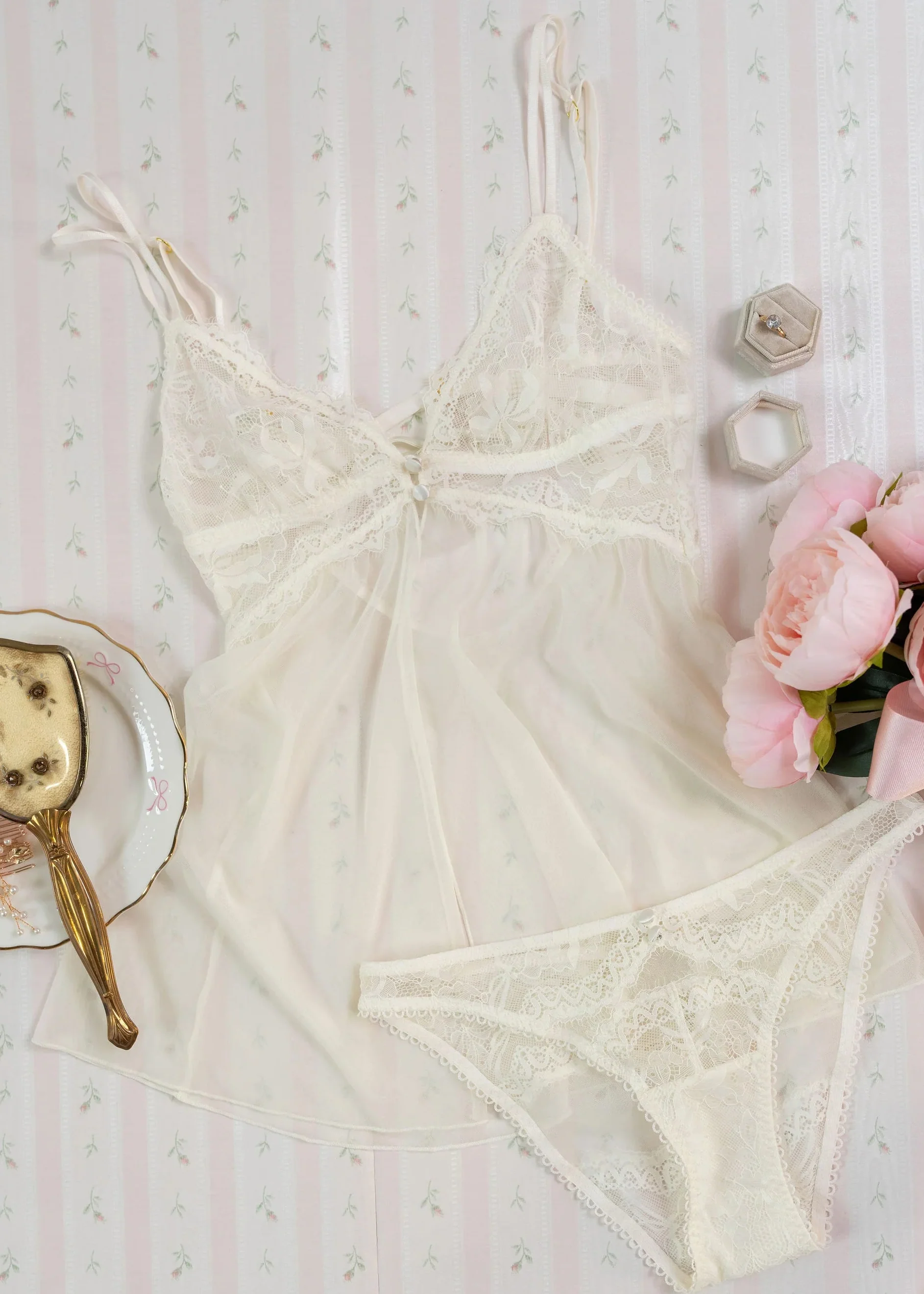 Lace & Mesh Button Babydoll - Pearl - Image 7