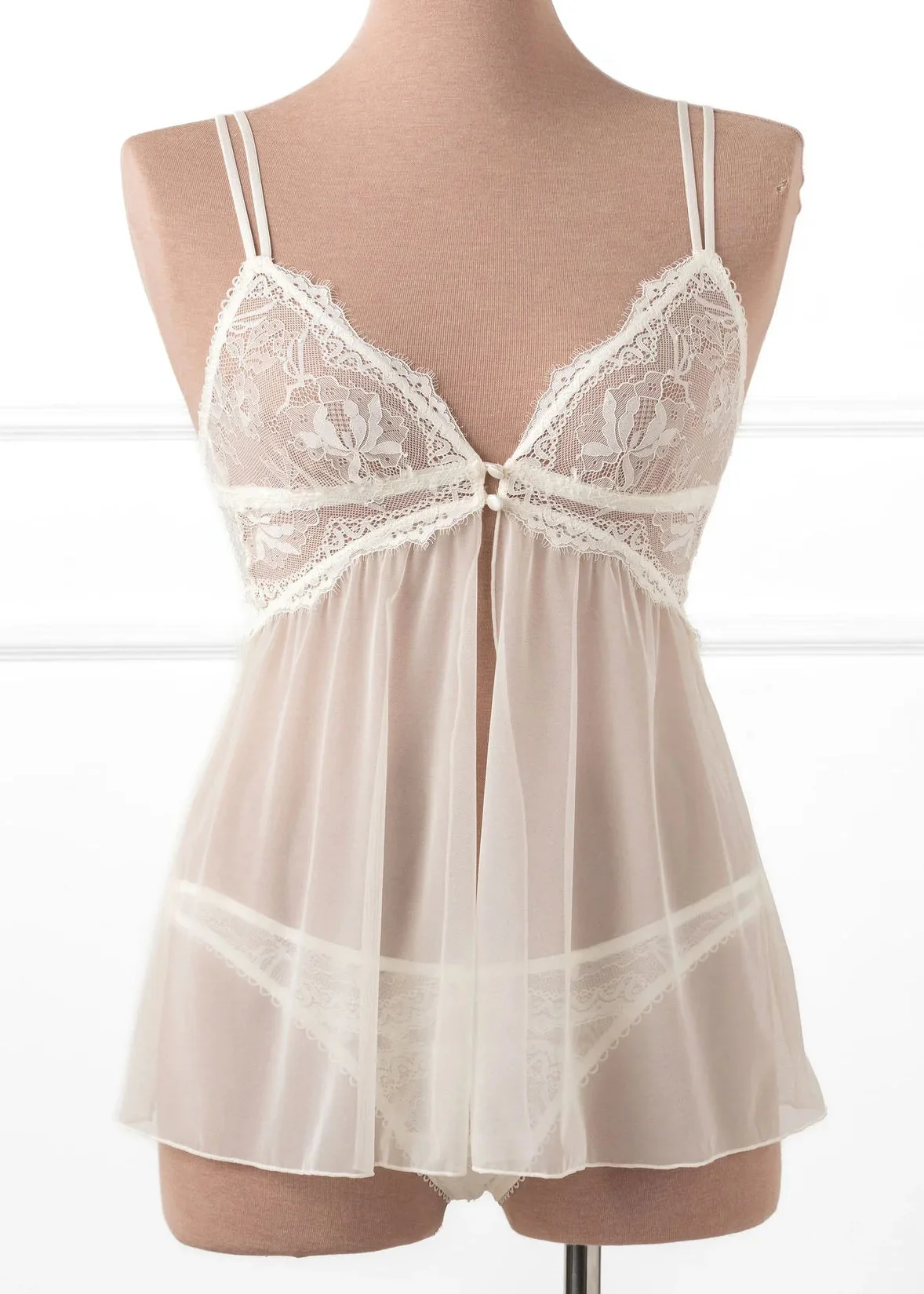 Lace & Mesh Button Babydoll - Pearl - Image 9