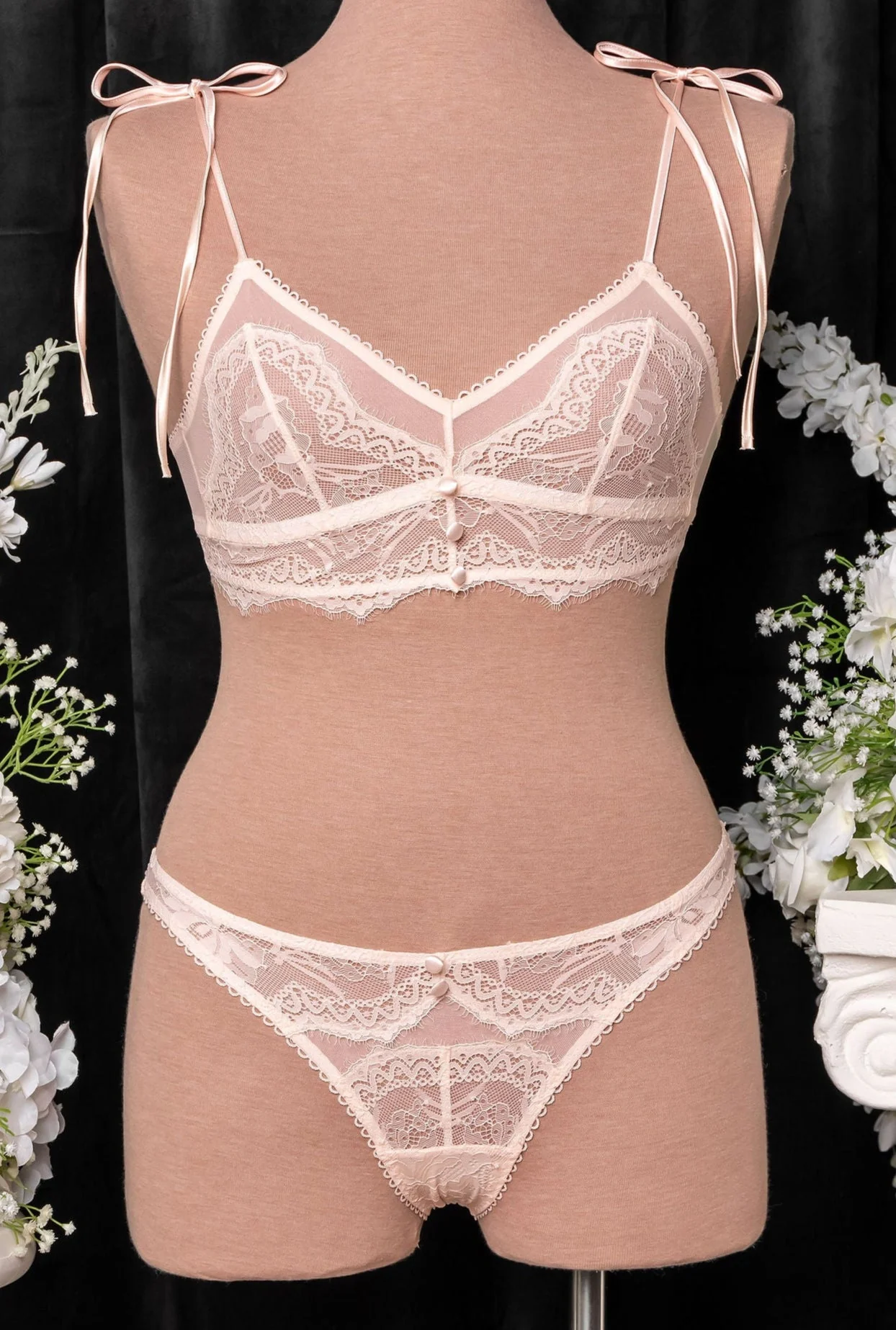 Lace & Mesh Button Bralette - Champagne - Image 3