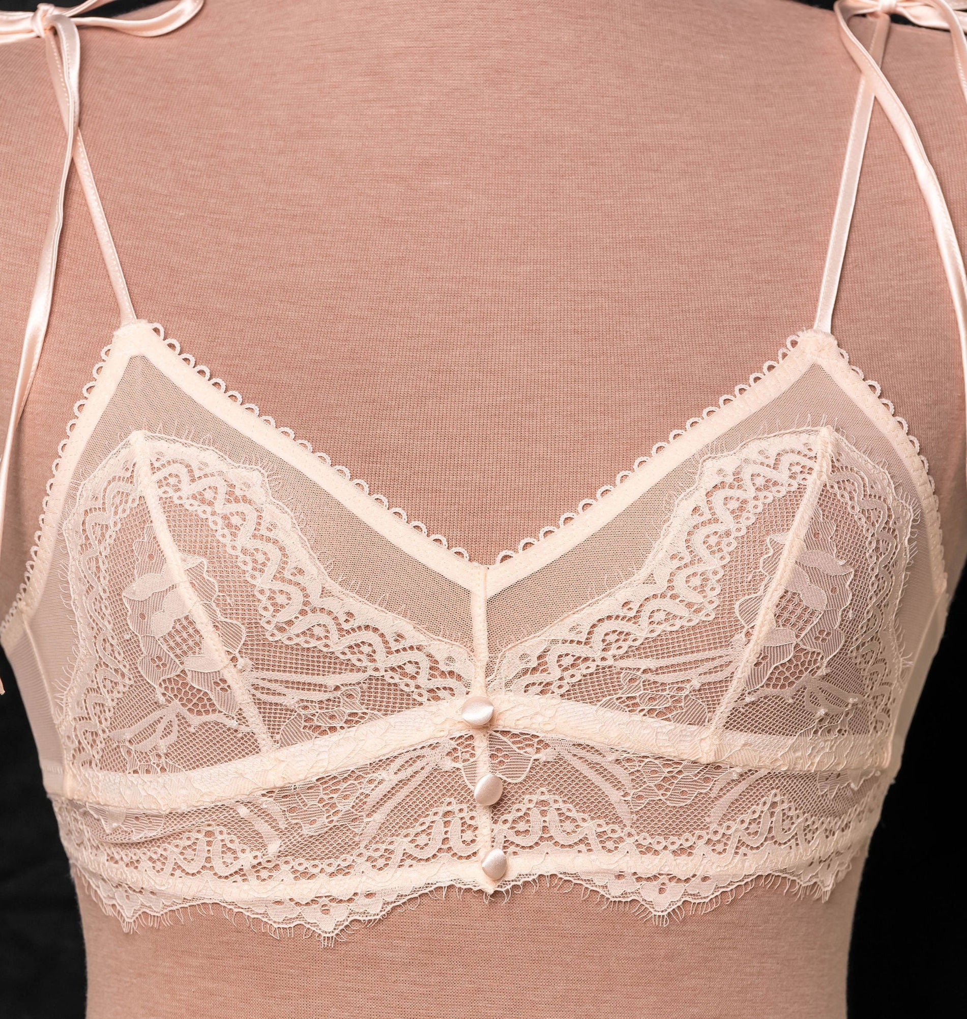 Lace & Mesh Button Bralette - Champagne - Image 5