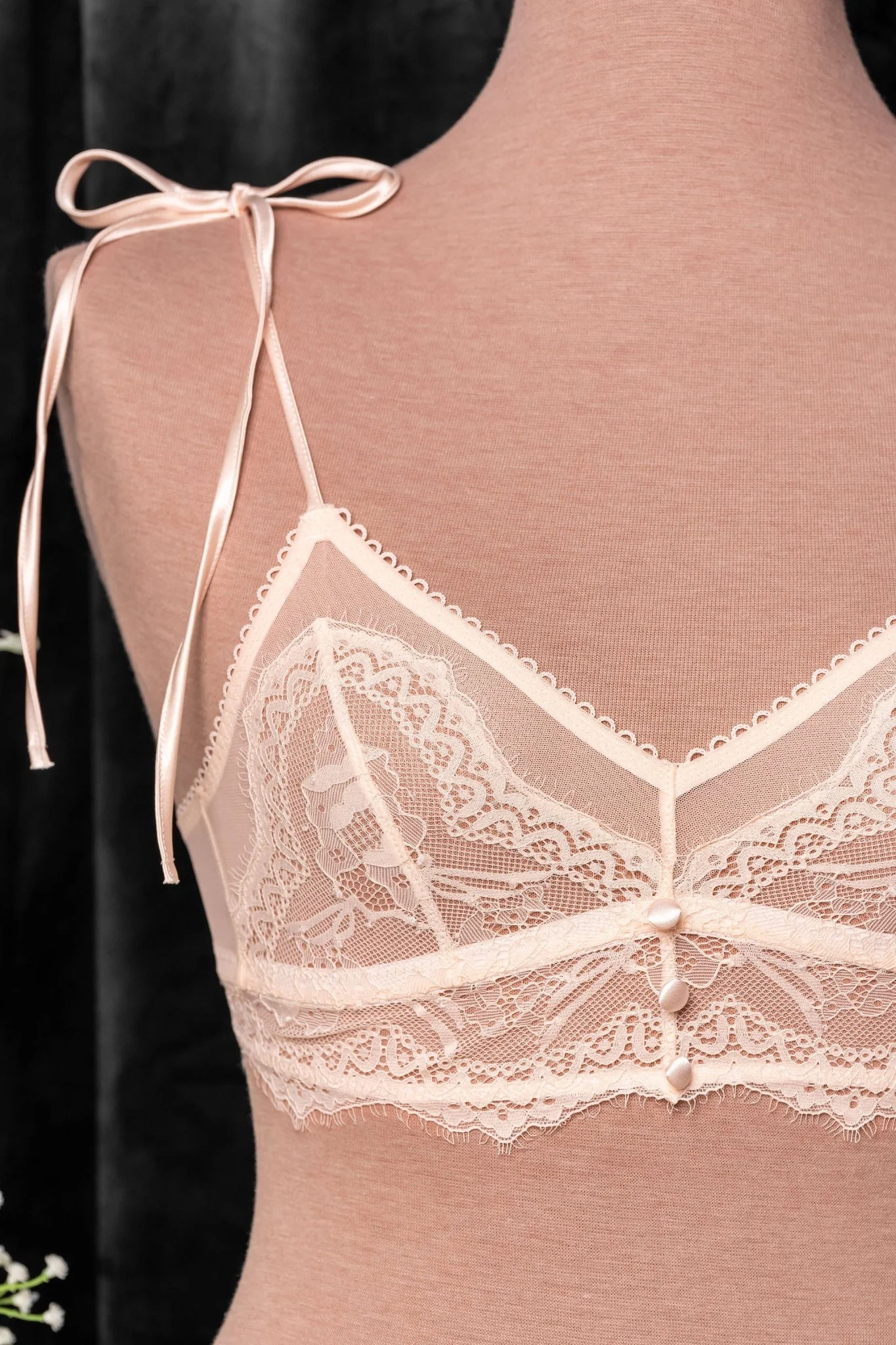 Lace & Mesh Button Bralette - Champagne - Image 7