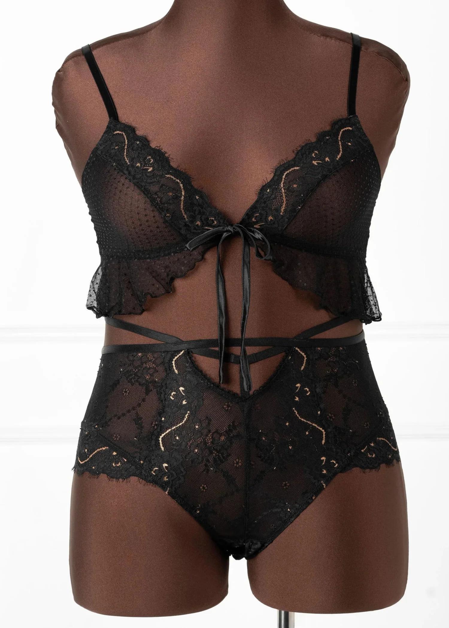 Lace & Mesh Ruffle Bralette - Black Espresso - Image 12
