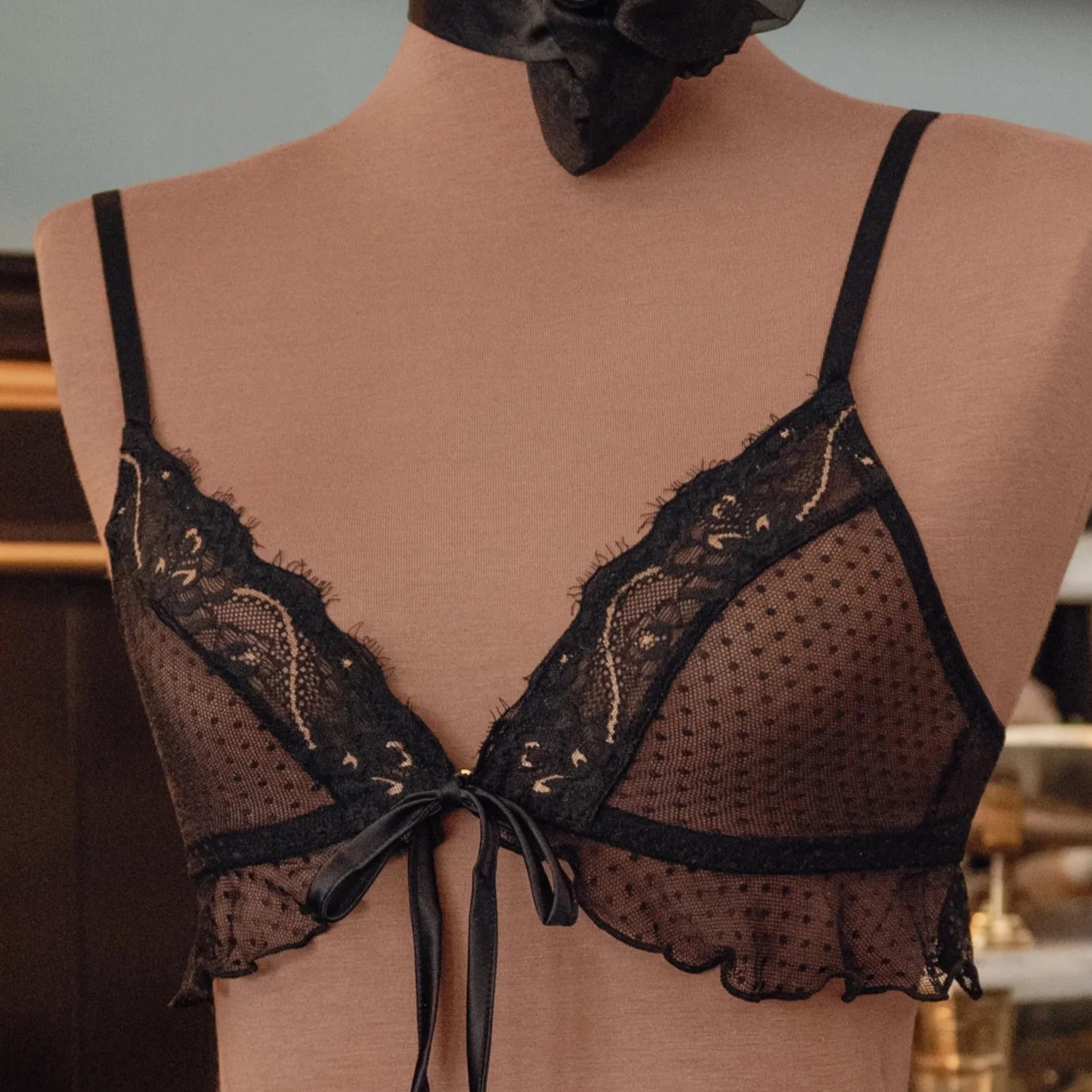 Lace & Mesh Ruffle Bralette - Black Espresso - Image 3