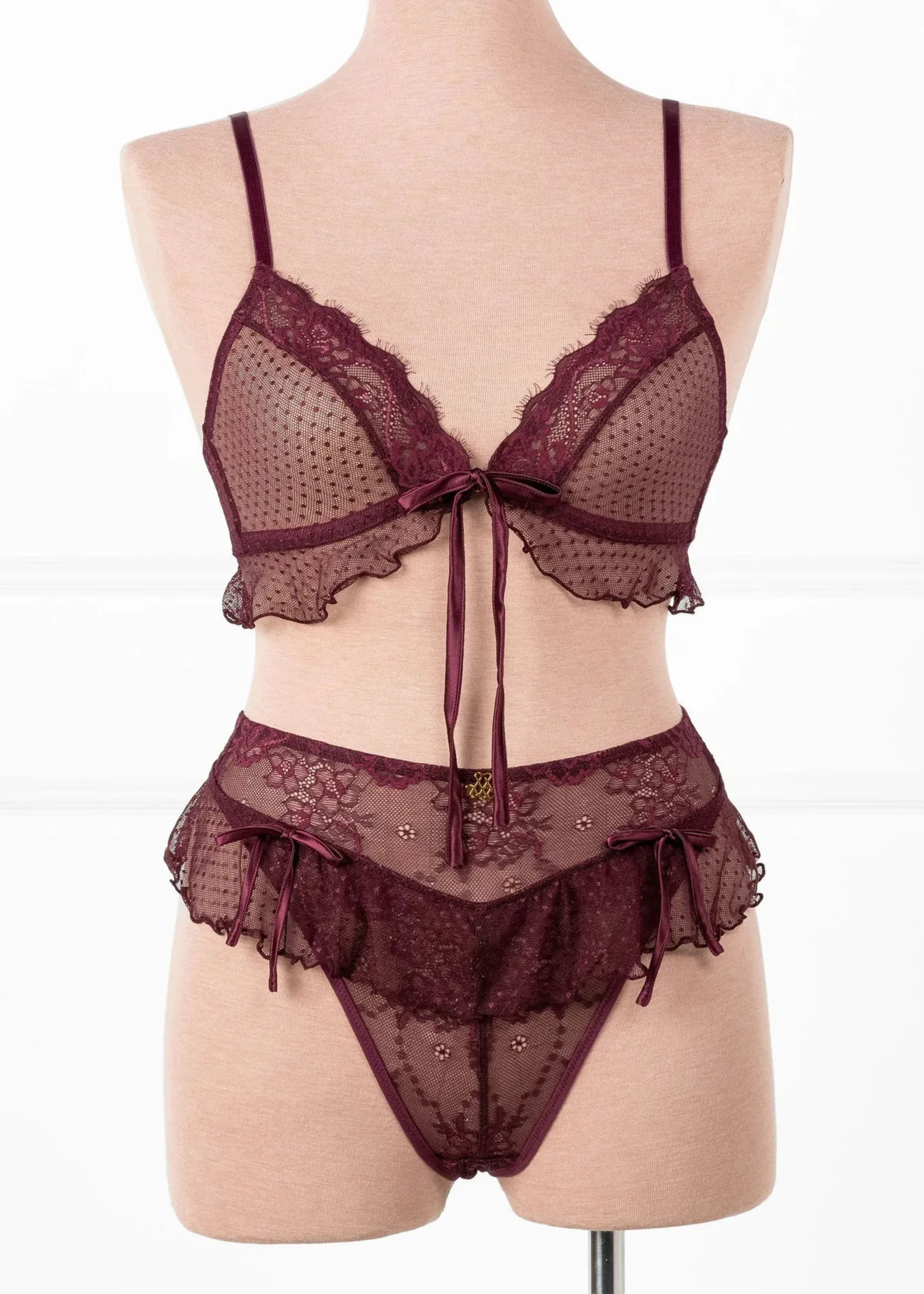 Lace & Mesh Ruffle Bralette - Cherry Lacquer - Image 3