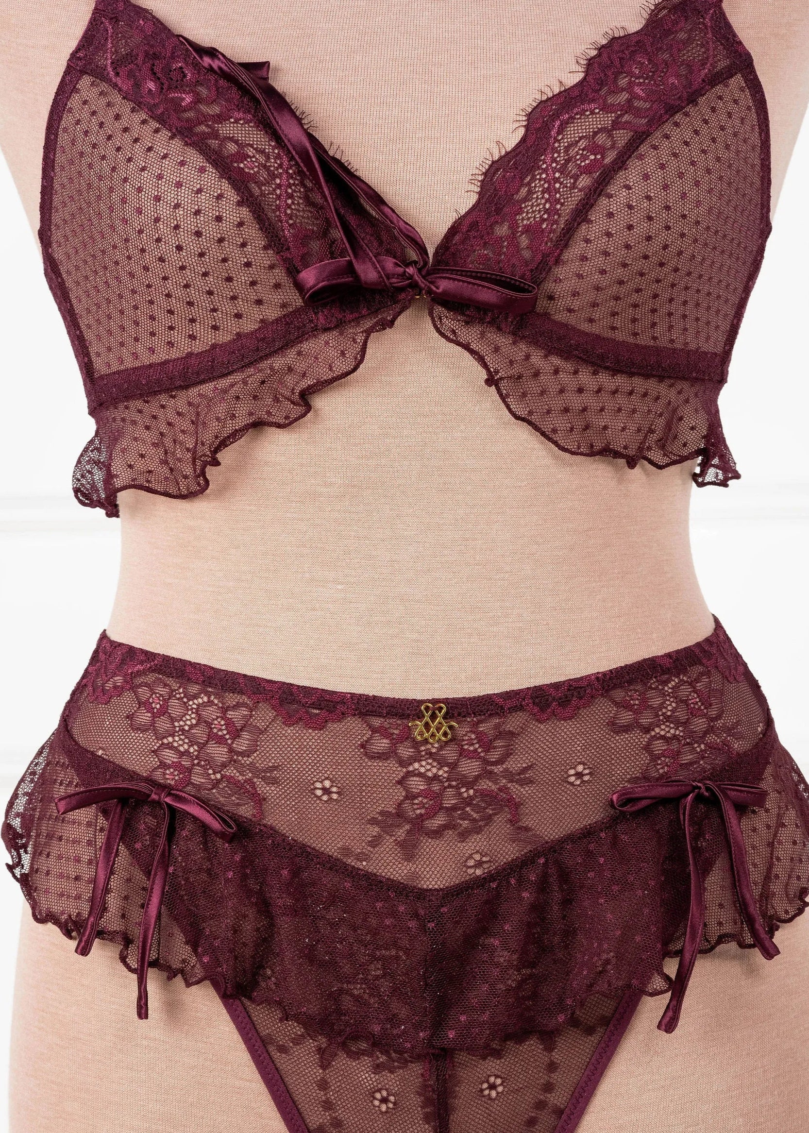 Lace & Mesh Ruffle Bralette - Cherry Lacquer - Image 7