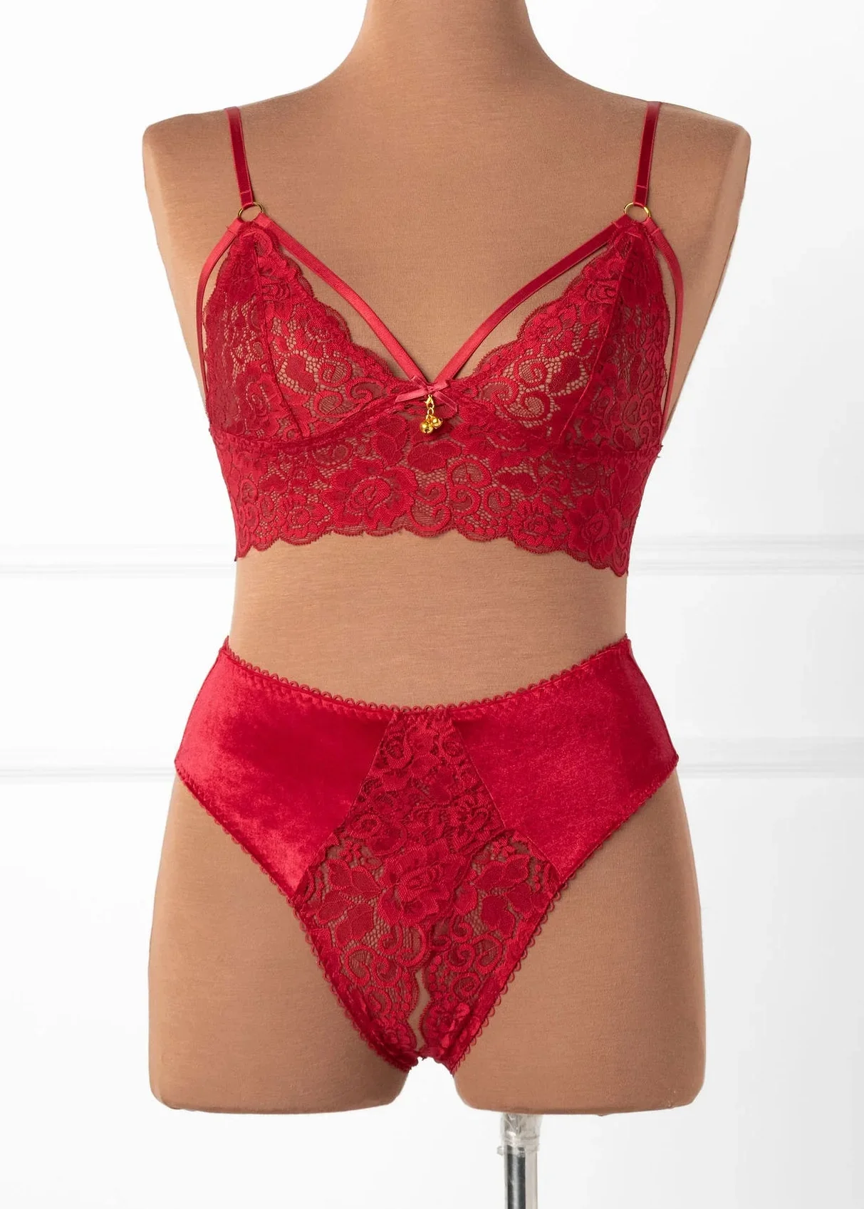 Lacy Caged Charm Bralette - Red - Image 10
