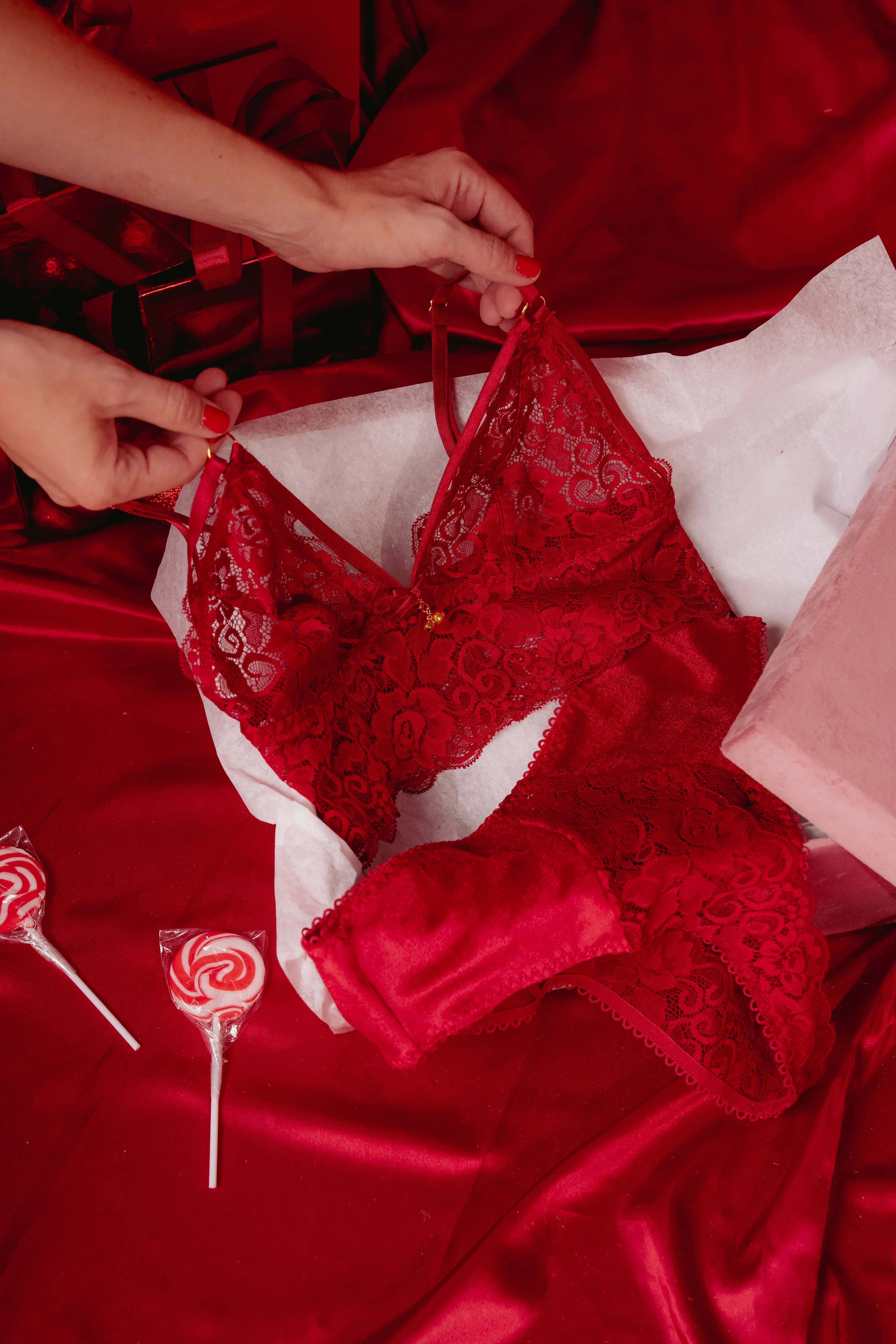 Lacy Caged Charm Bralette - Red - Image 14