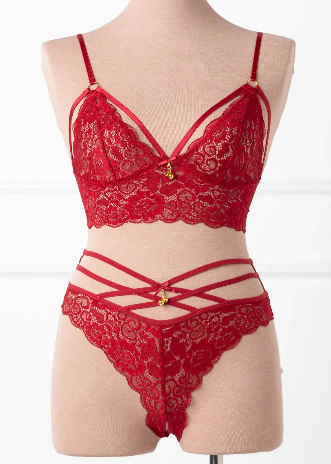 Lacy Caged Charm Bralette - Red - Image 3