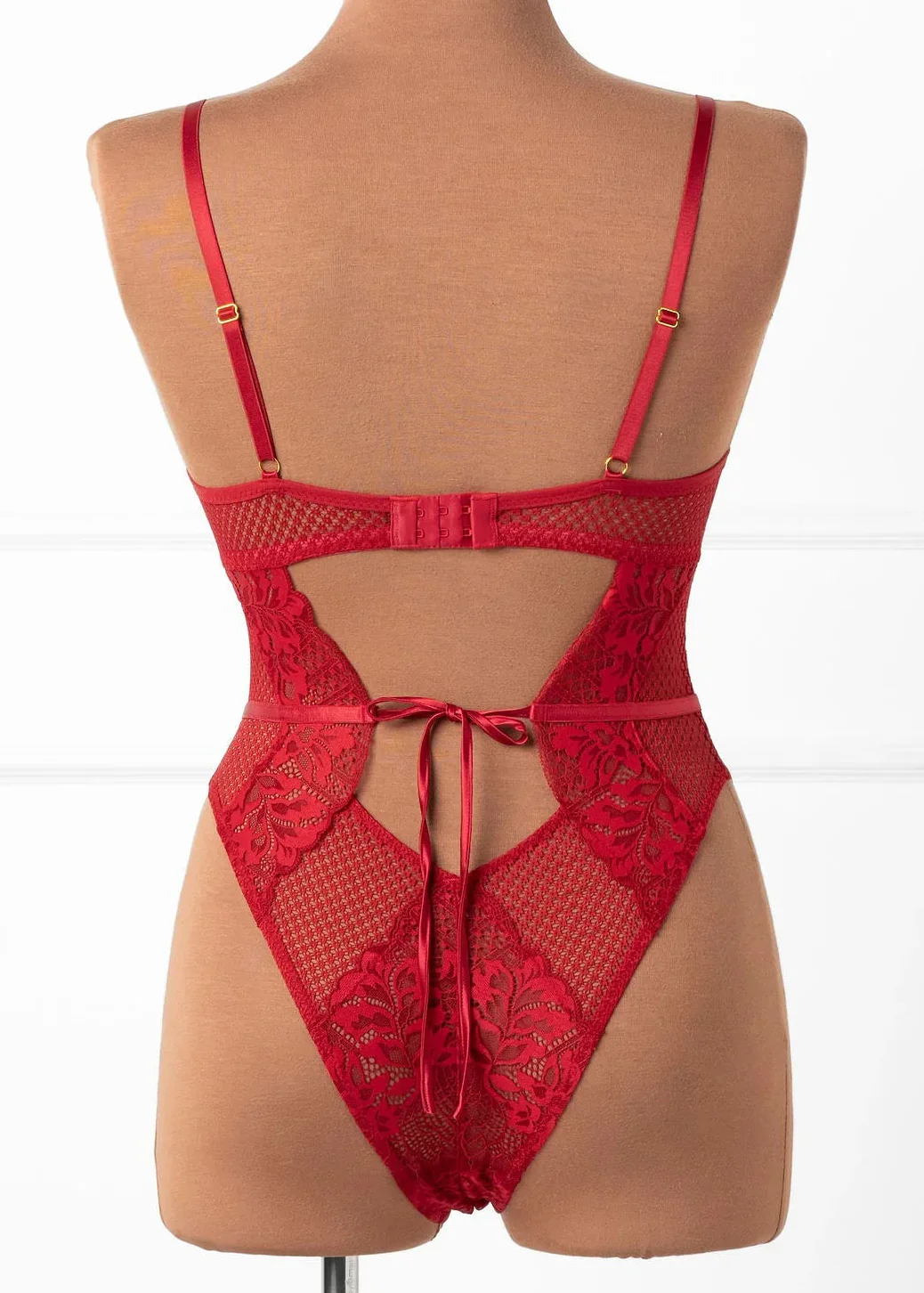 Lacy Caged Crotchless Teddy - Red - Image 3