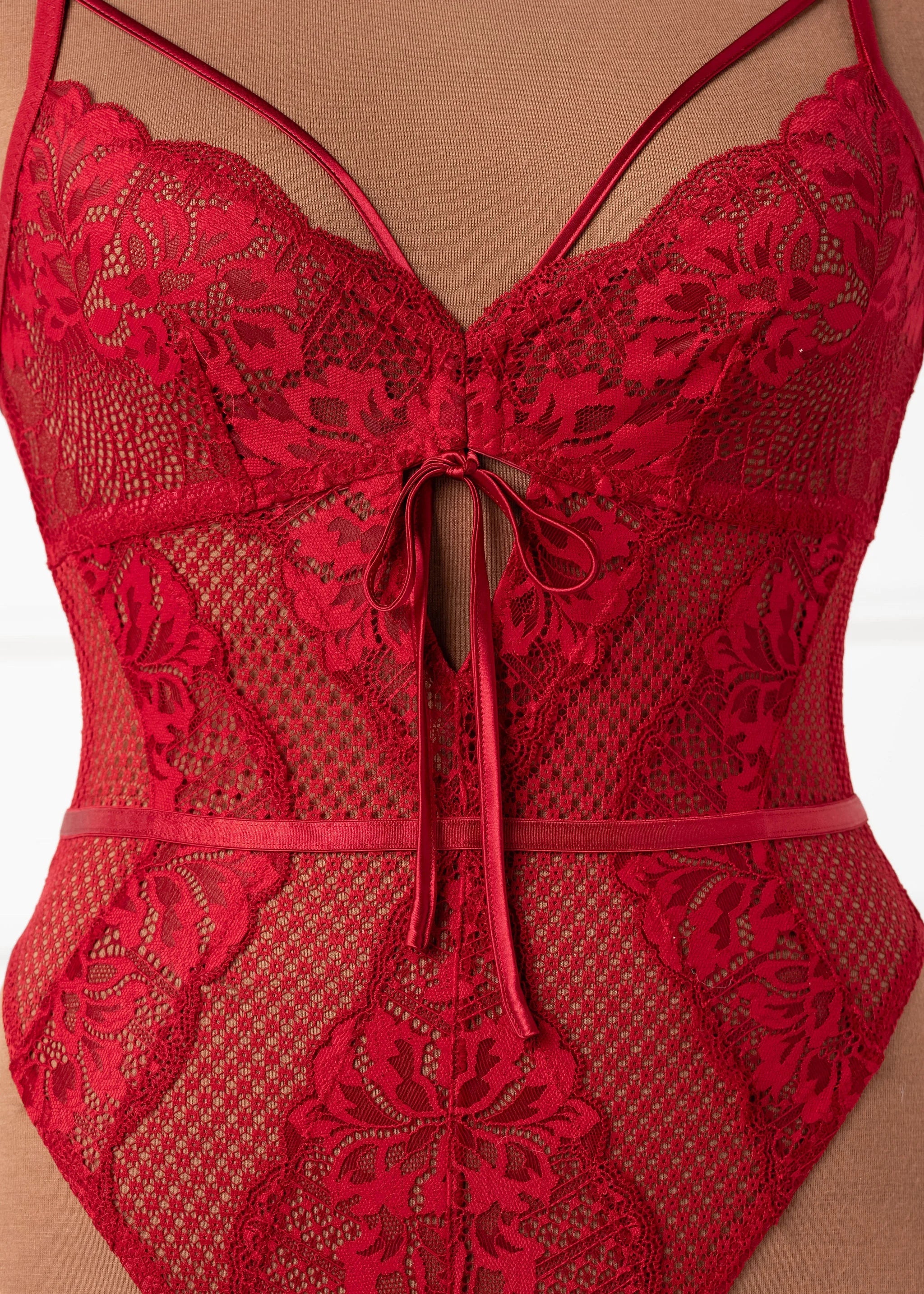 Lacy Caged Crotchless Teddy - Red - Image 4