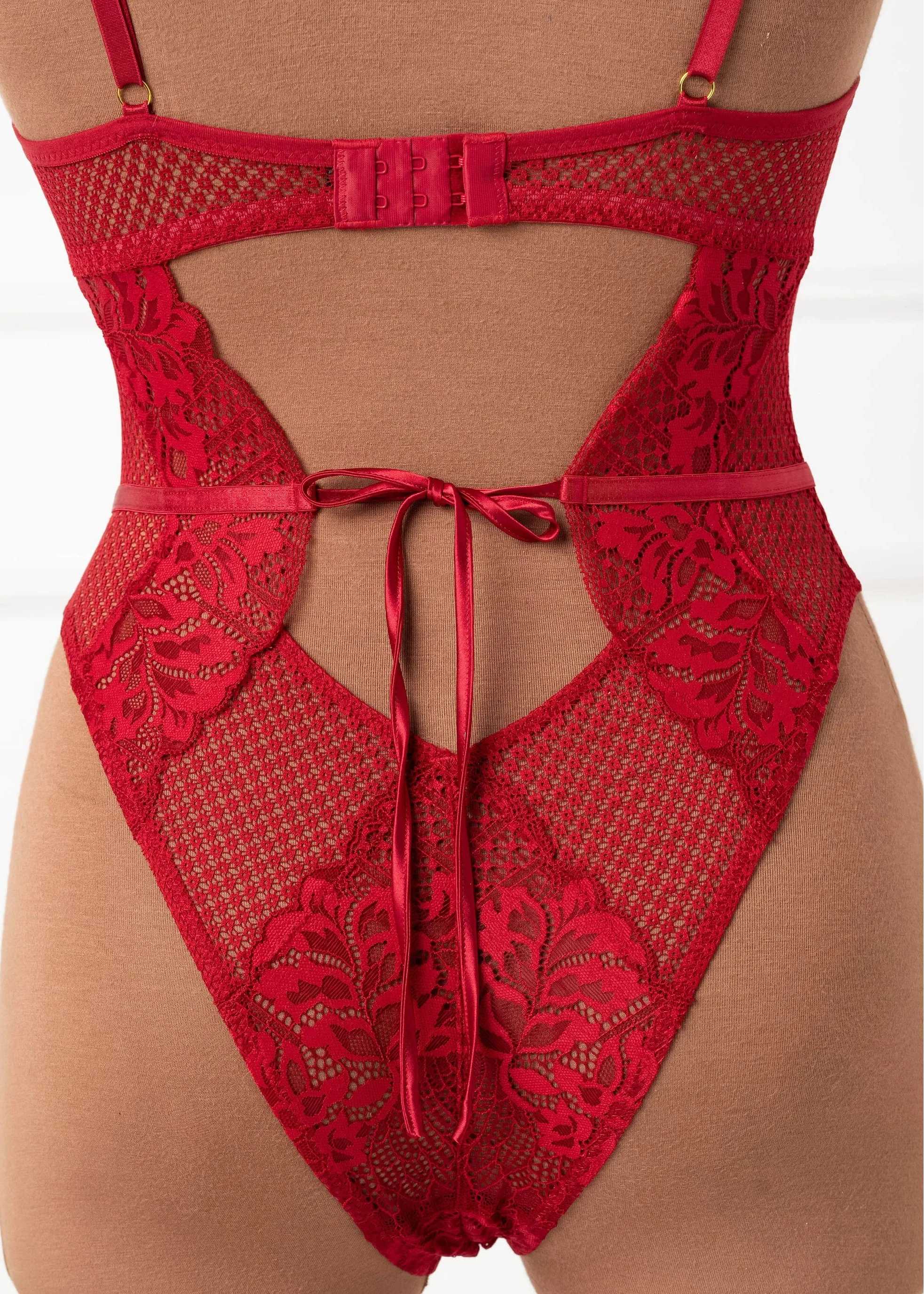 Lacy Caged Crotchless Teddy - Red - Image 5