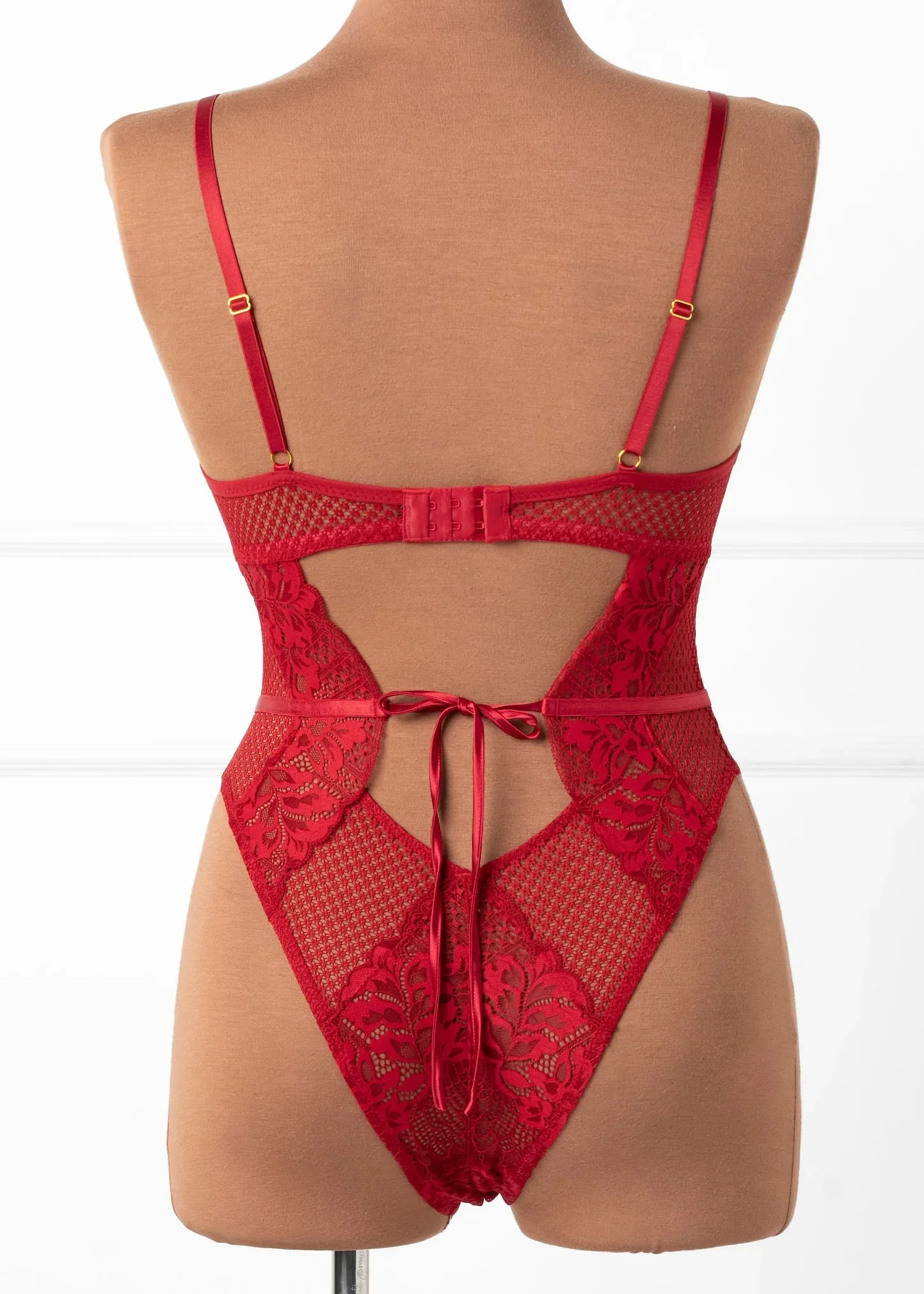 Lacy Caged Crotchless Teddy - Red - Image 8