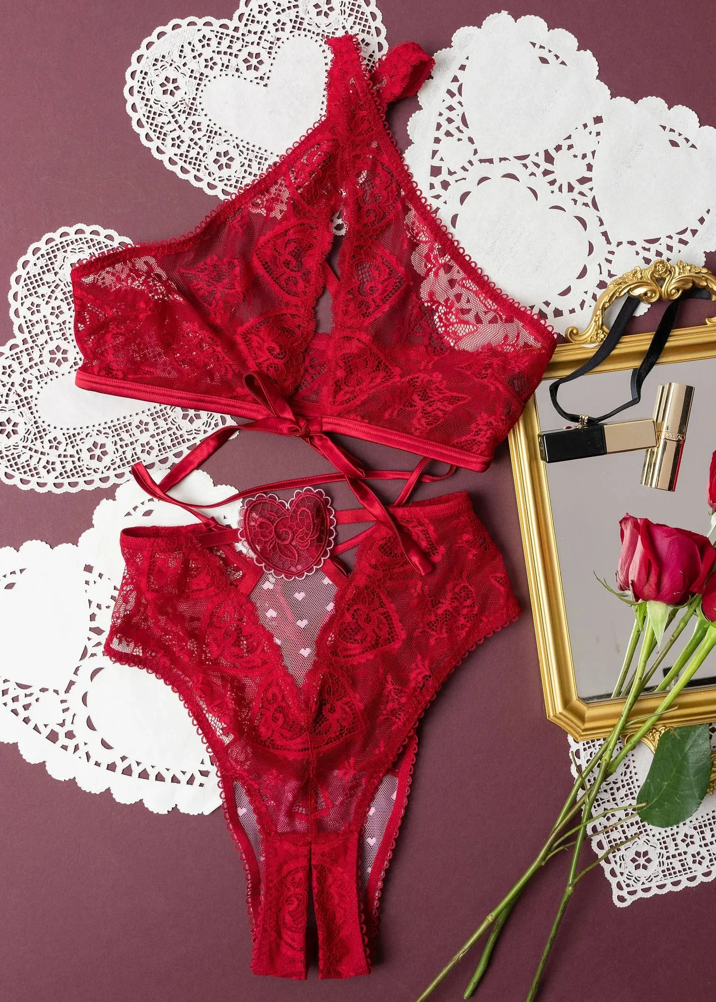 Lacy Crossover Bralette - Red - Image 11