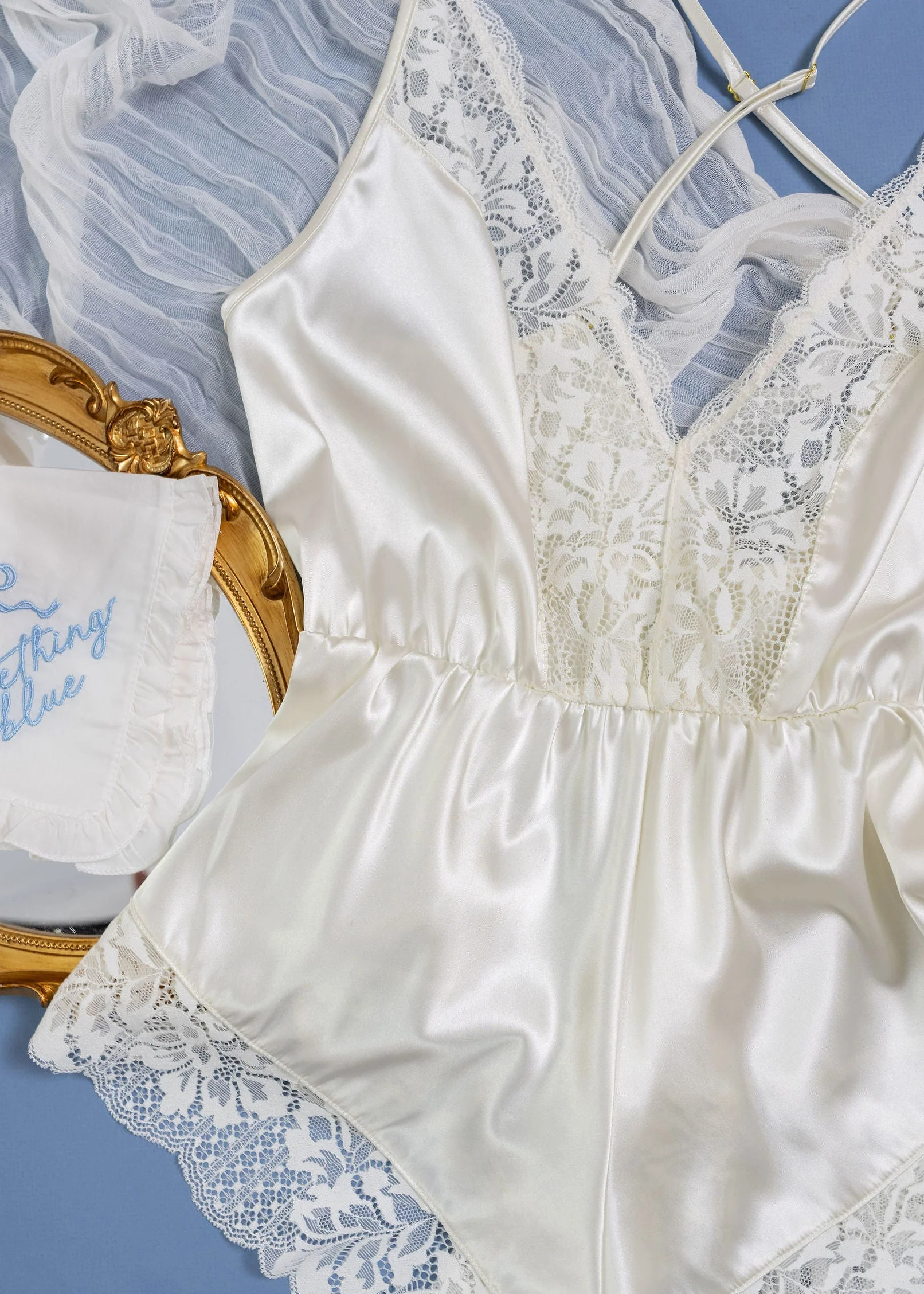 Lacy Plunge Satin Romper - Pearl - Image 13