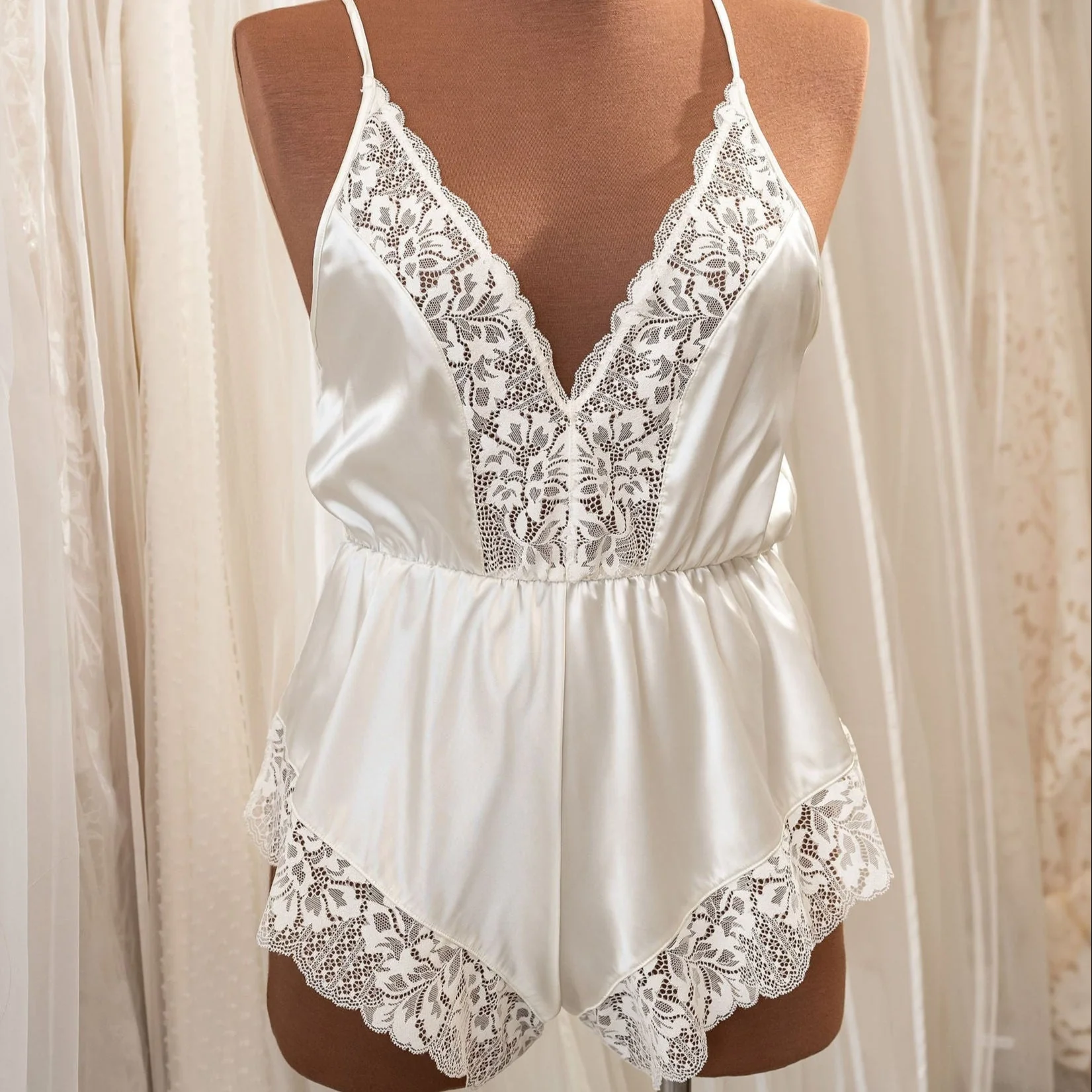 Lacy Plunge Satin Romper - Pearl - Image 16