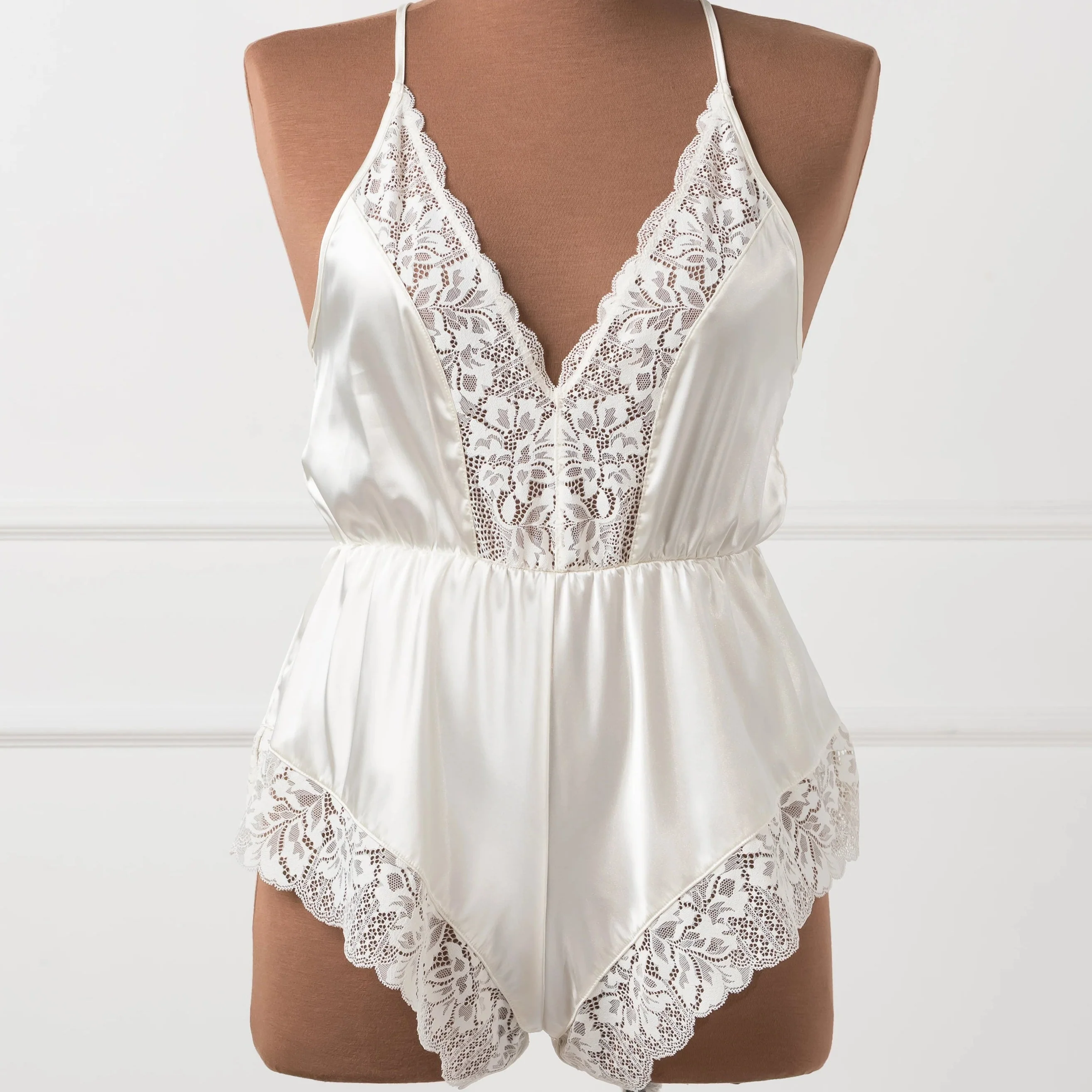 Lacy Plunge Satin Romper - Pearl - Image 3