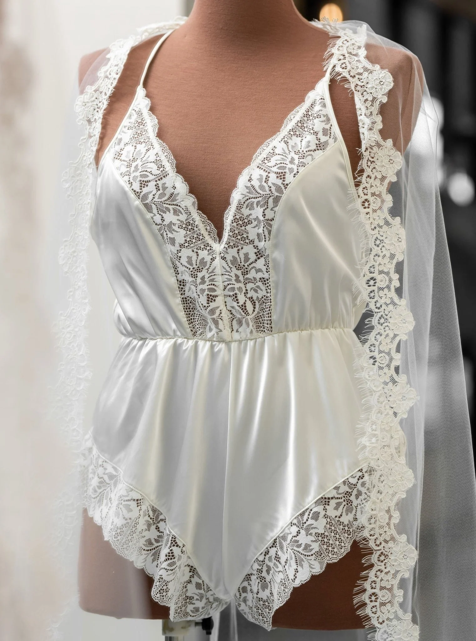 Lacy Plunge Satin Romper - Pearl - Image 9