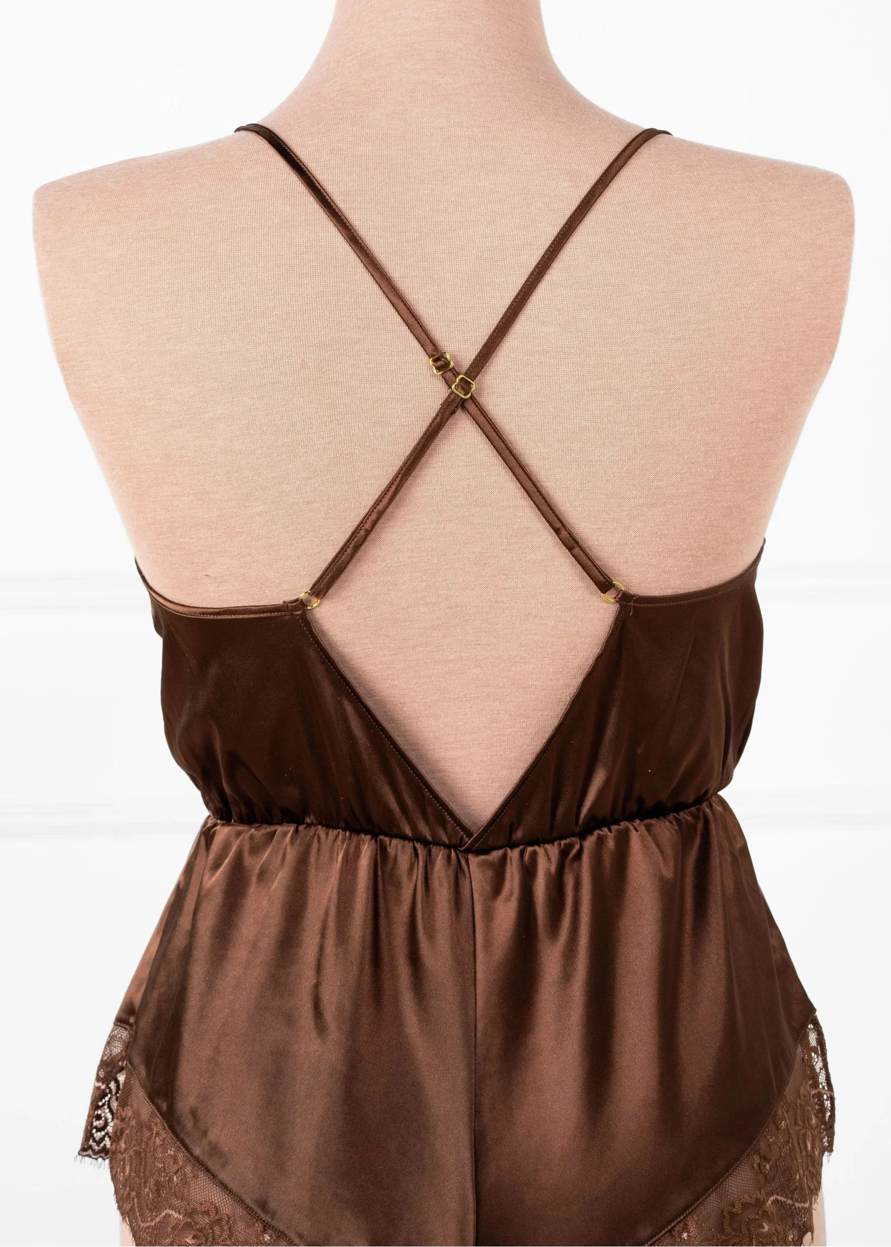 Lacy Plunge Satin Scalloped Romper - Chocolate - Image 12
