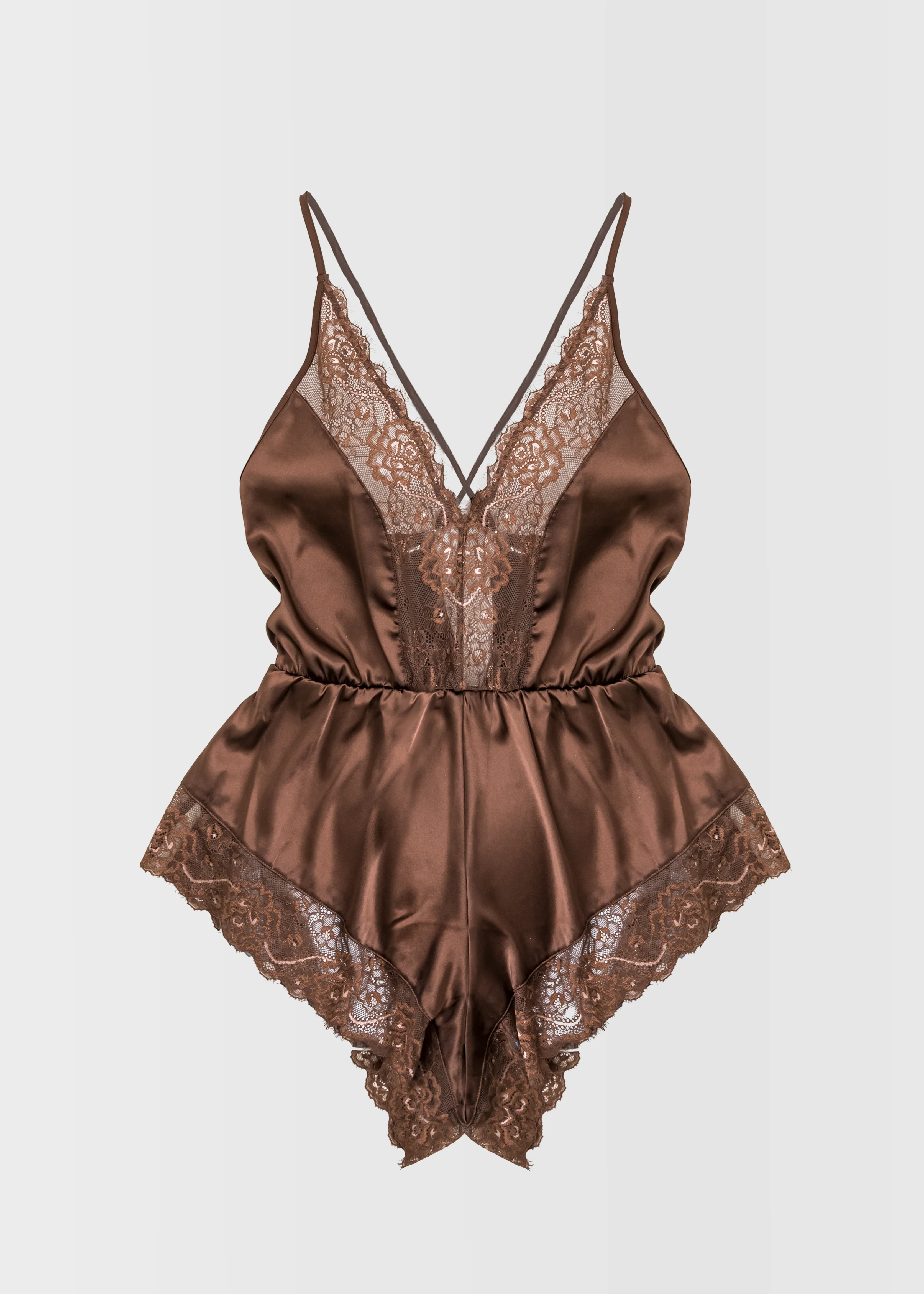 Lacy Plunge Satin Scalloped Romper - Chocolate - Image 16