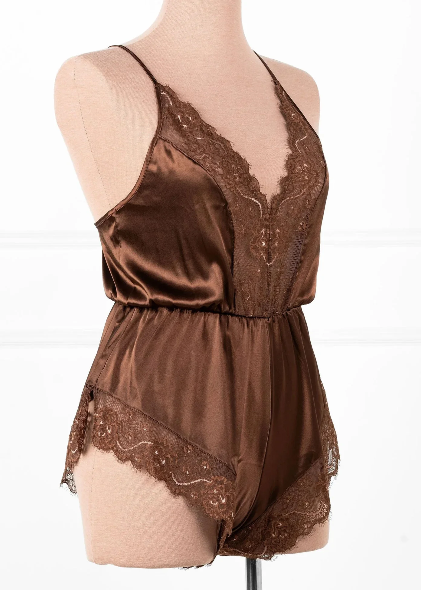 Lacy Plunge Satin Scalloped Romper - Chocolate - Image 5