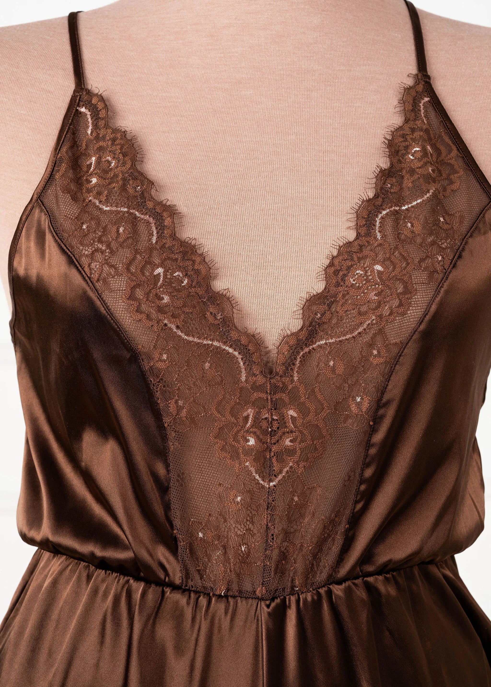 Lacy Plunge Satin Scalloped Romper - Chocolate - Image 6