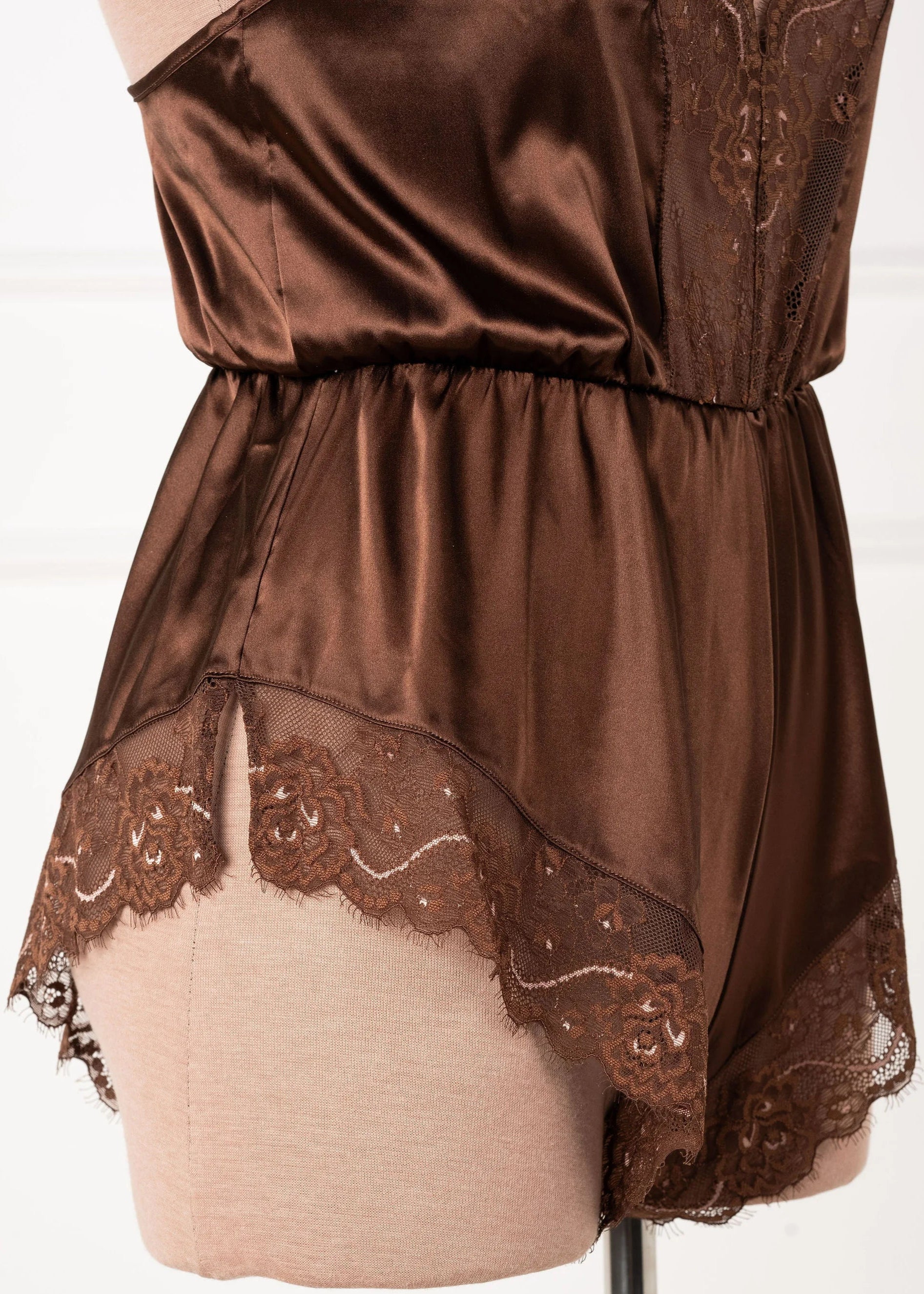 Lacy Plunge Satin Scalloped Romper - Chocolate - Image 7