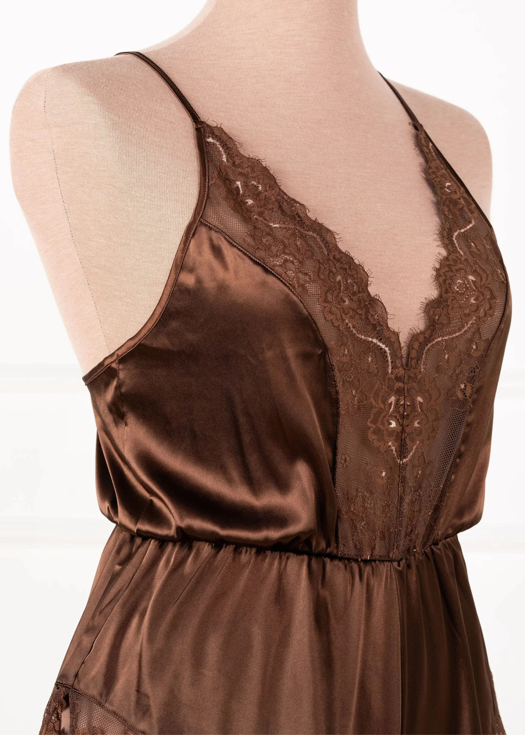 Lacy Plunge Satin Scalloped Romper - Chocolate - Image 9