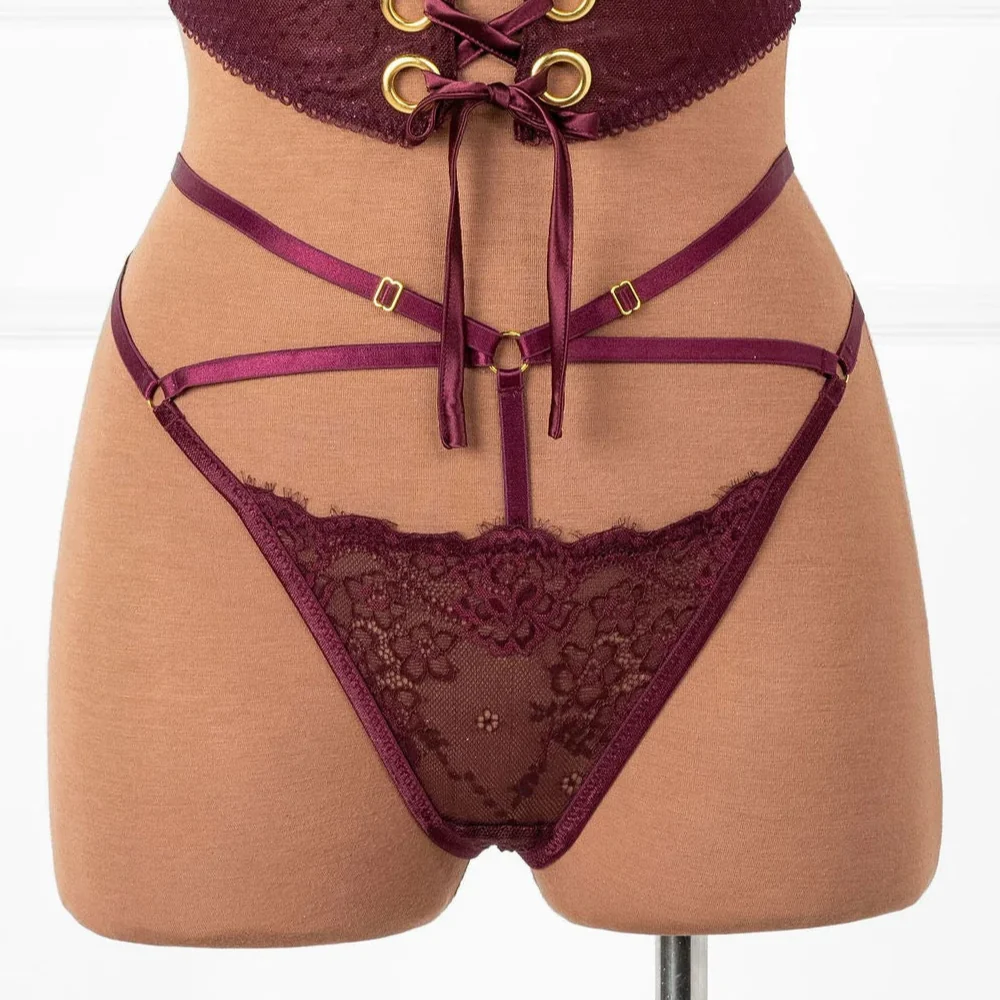 Lacy Strappy Thong - Cherry Lacquer - Image 15
