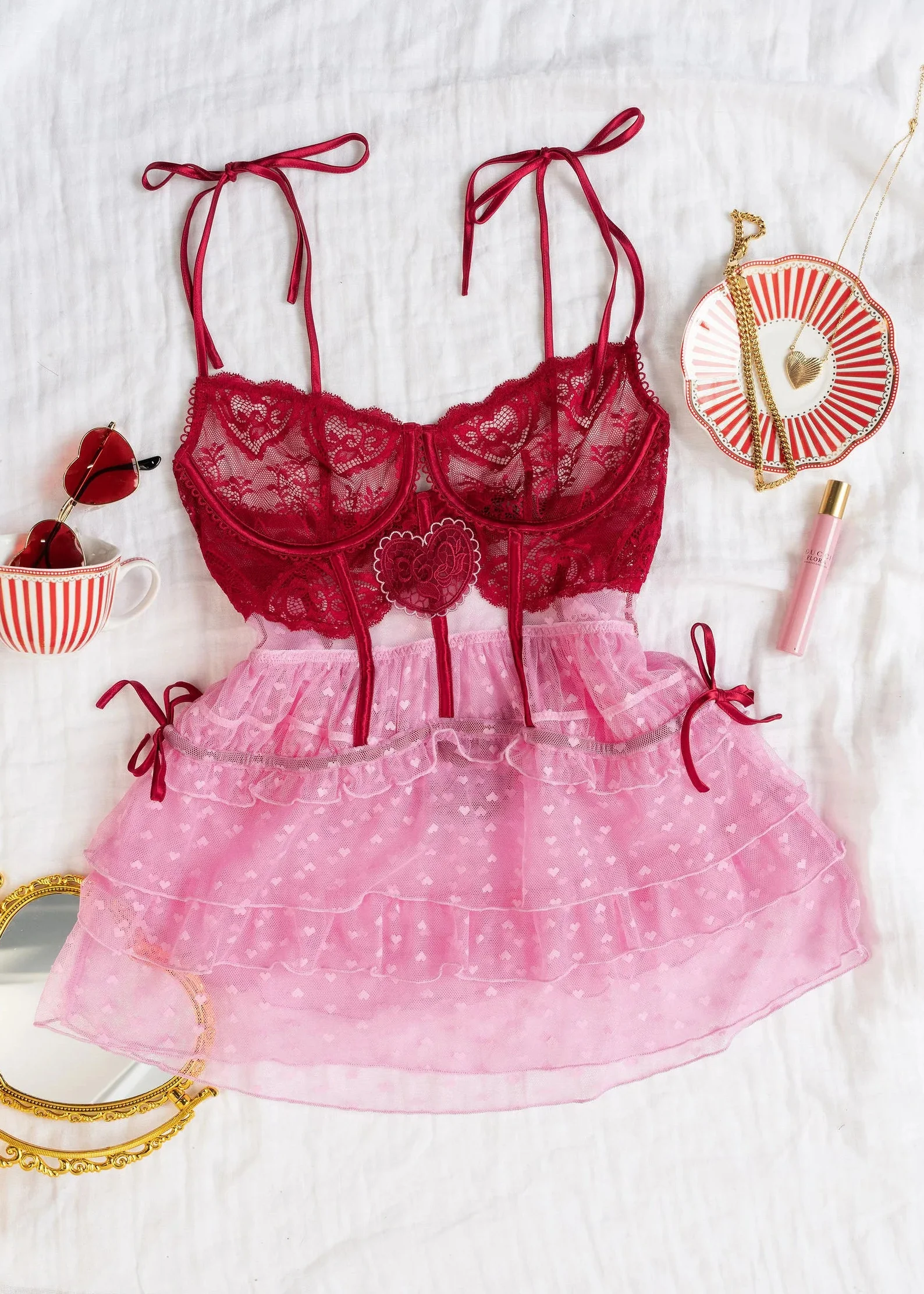 Lacy Underwire Ruched Babydoll - Red - Image 13